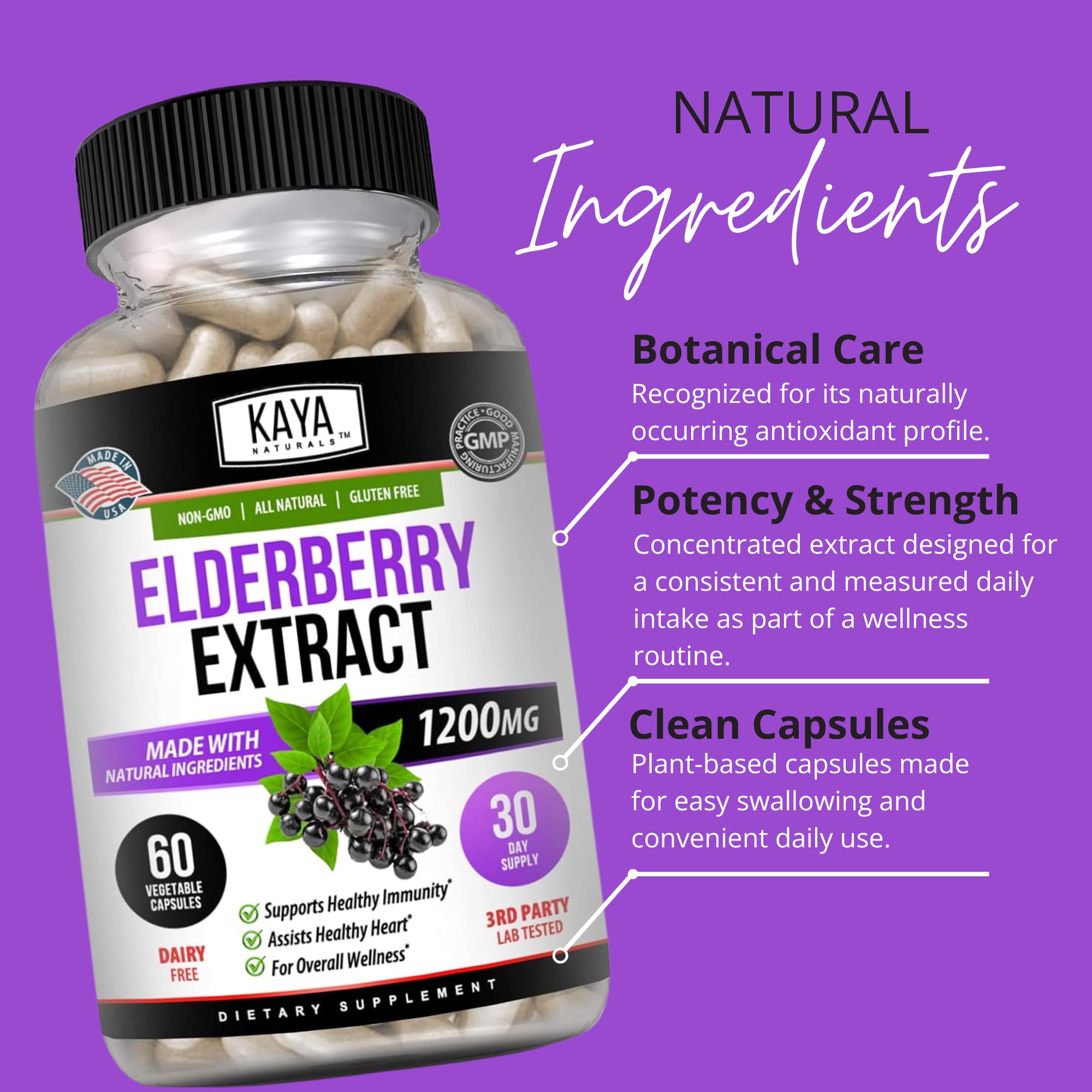 Kaya Naturals Elderberry, cápsulas en frasco para conveniencia.