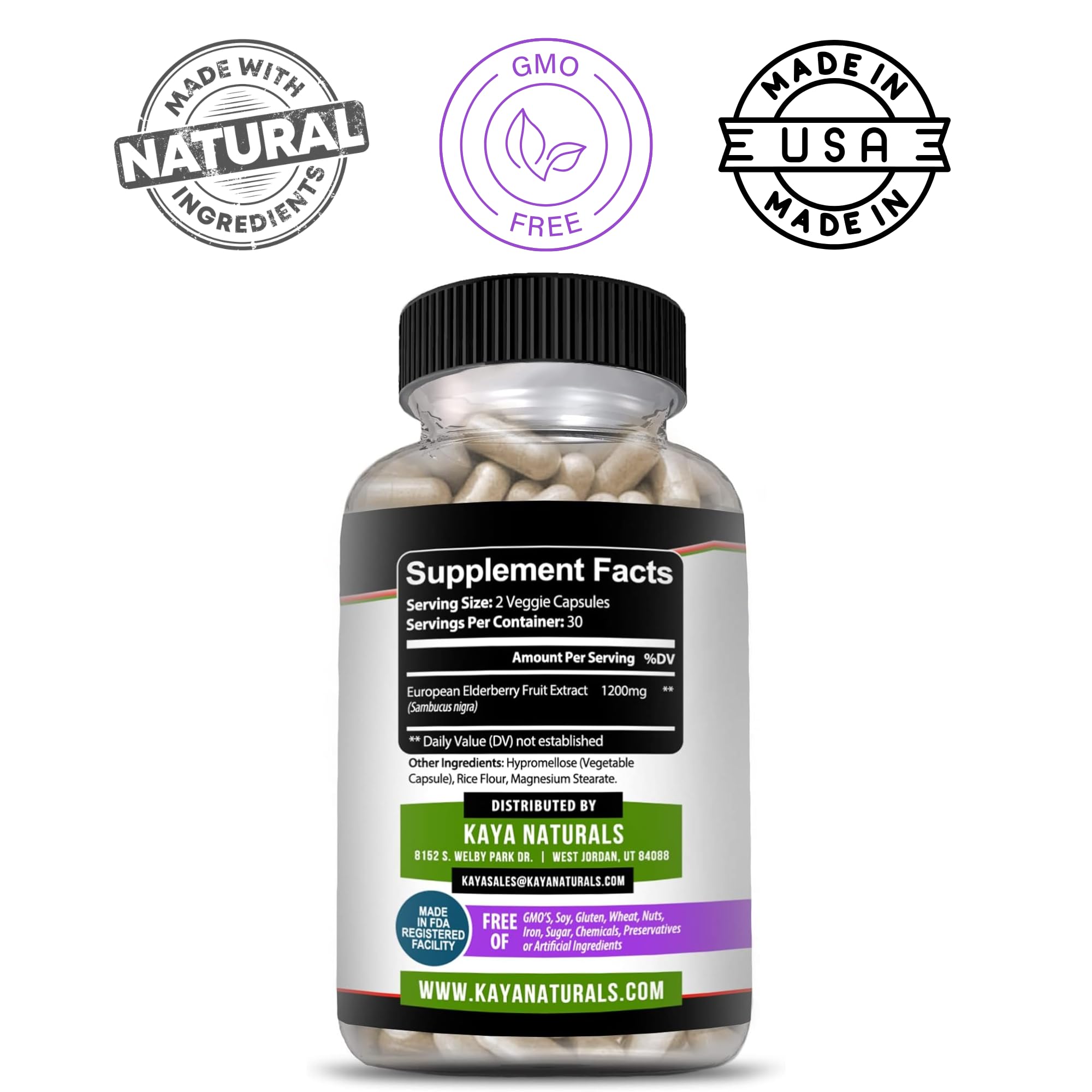 Kaya Naturals Elderberry, etiqueta lateral con información de uso.
