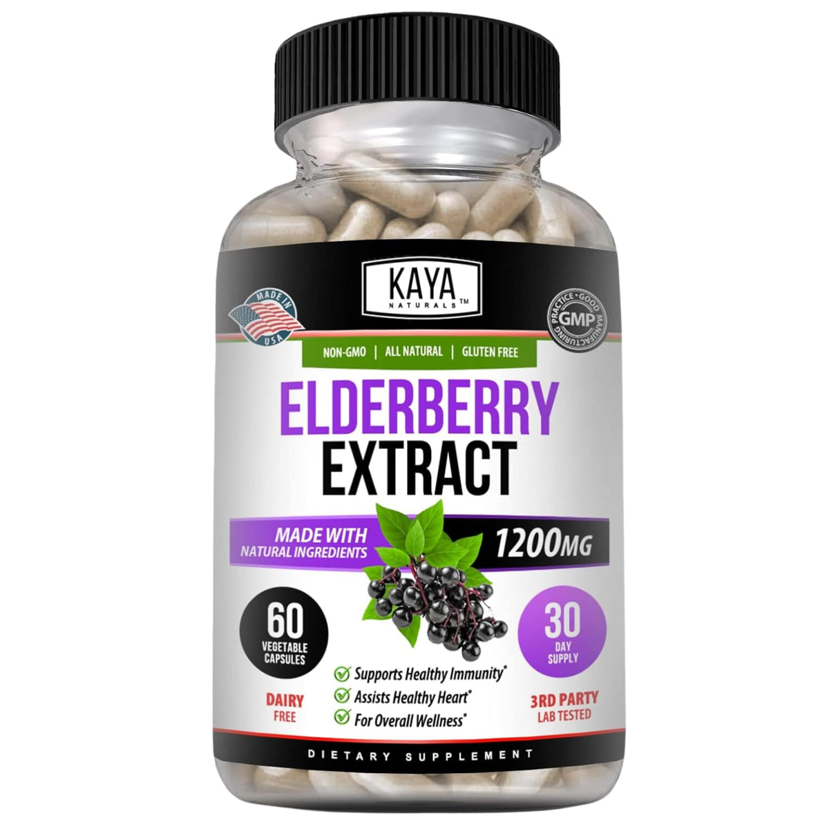 Kaya Naturals Elderberry, botella para apoyo inmunitario diario.