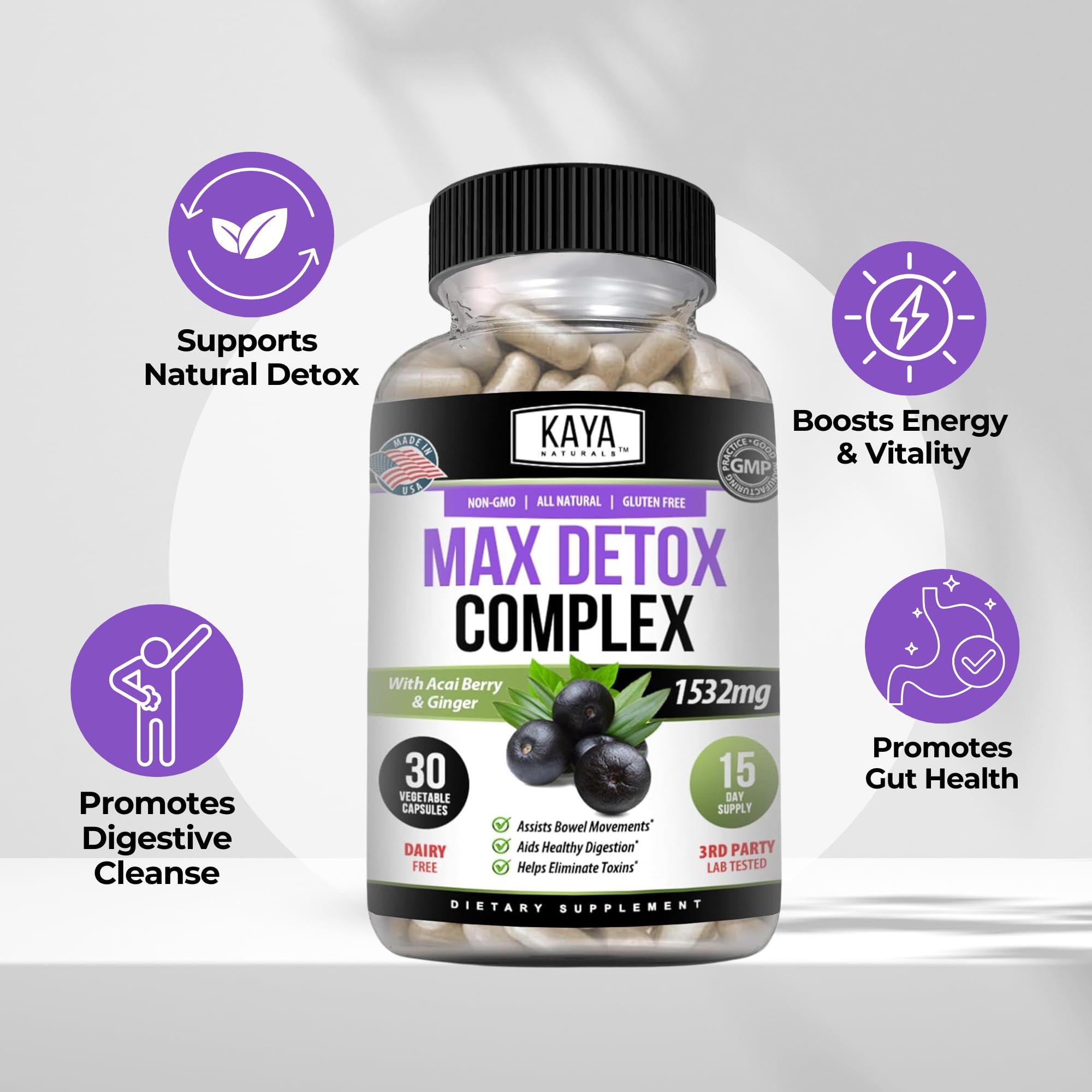 Kaya Naturals Max Detox bote de 30 dosis para uso diario.