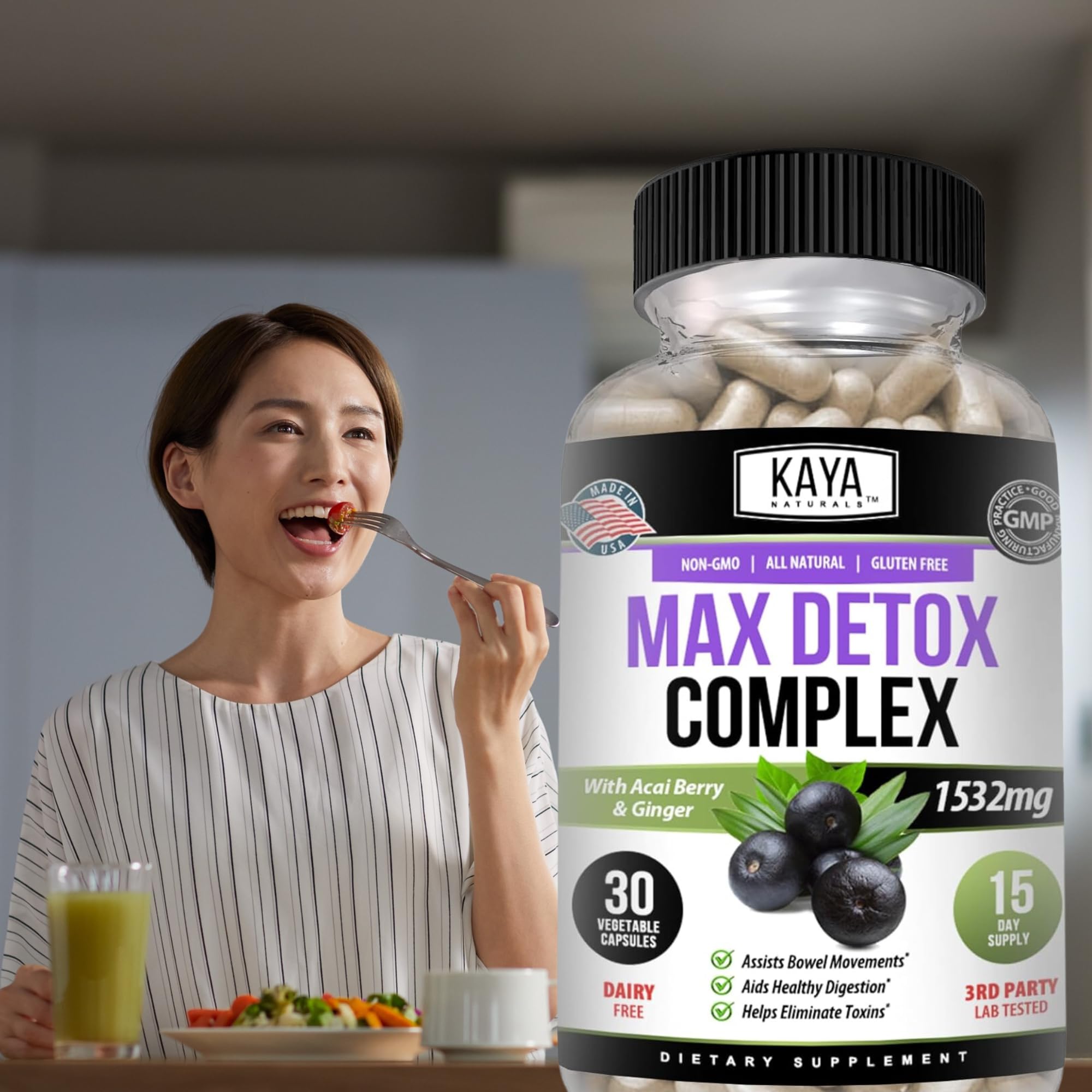 Bote en mostrador de Kaya Naturals Max Detox listo para uso cotidiano.