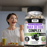 Bote en mostrador de Kaya Naturals Max Detox listo para uso cotidiano.