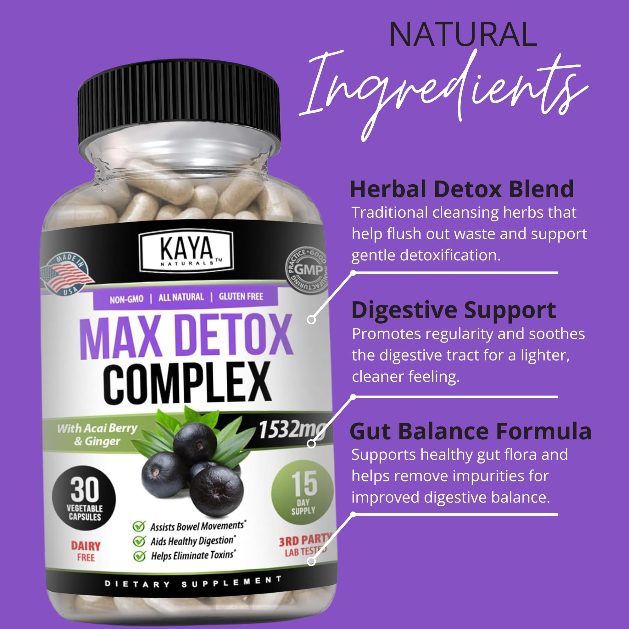 Kaya Naturals Max Detox etiqueta clara para transparencia de ingredientes.
