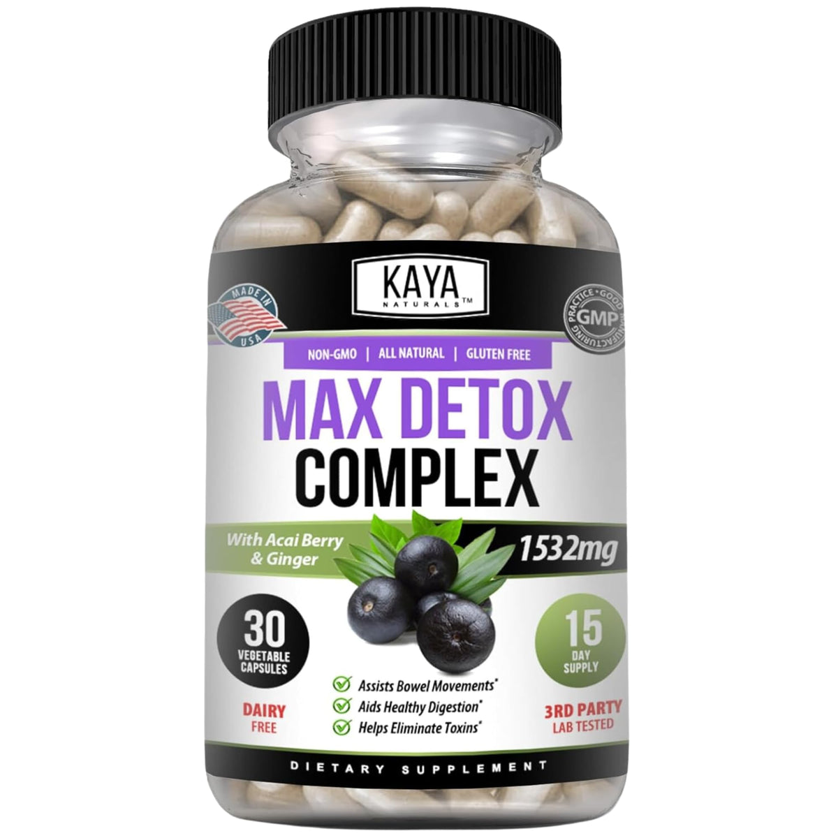 Kaya Naturals Max Detox polvo de psyllium para apoyo digestivo diario.