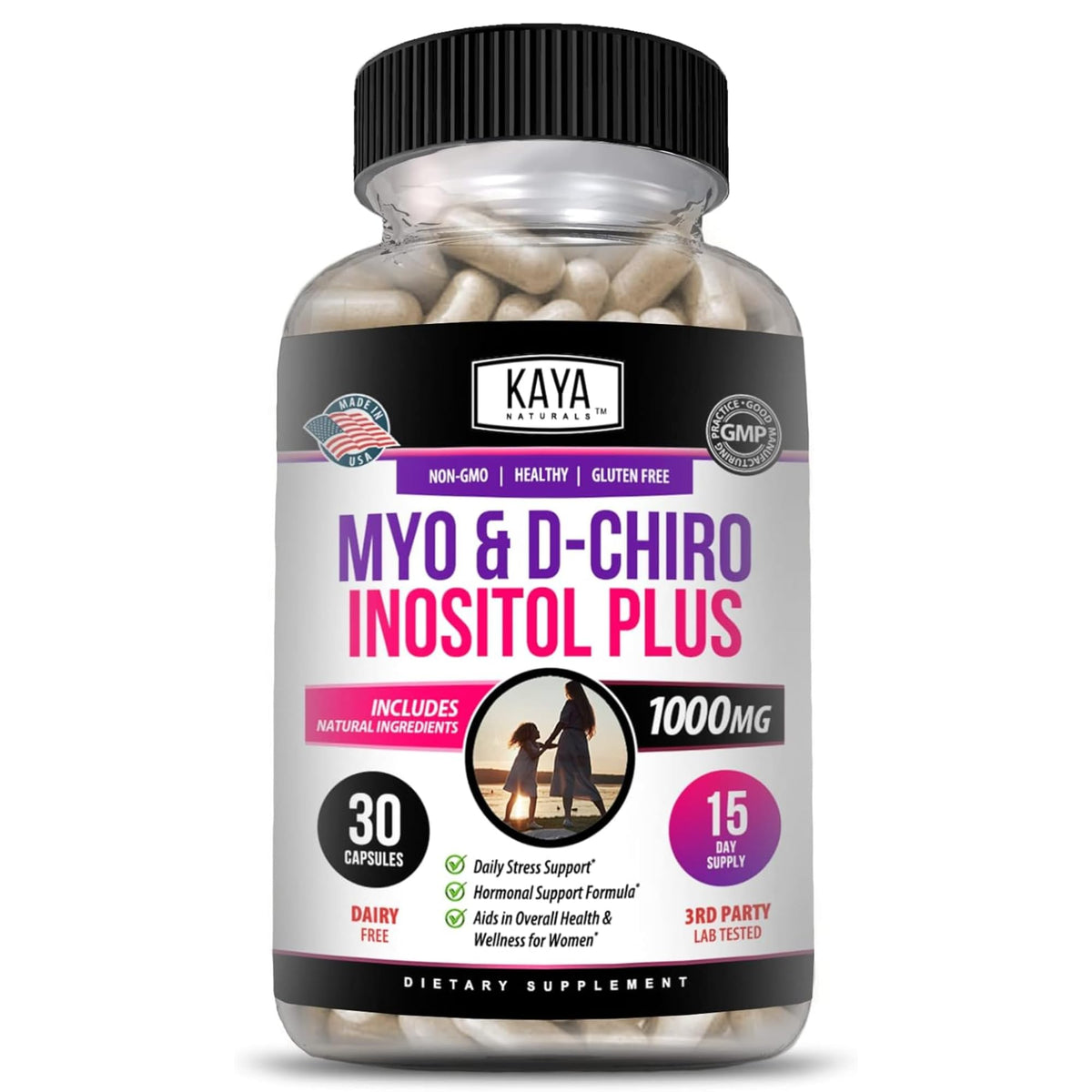 Kaya Naturals Myo-D-Chiro Inositol cápsulas – bote para uso diario cómodo.