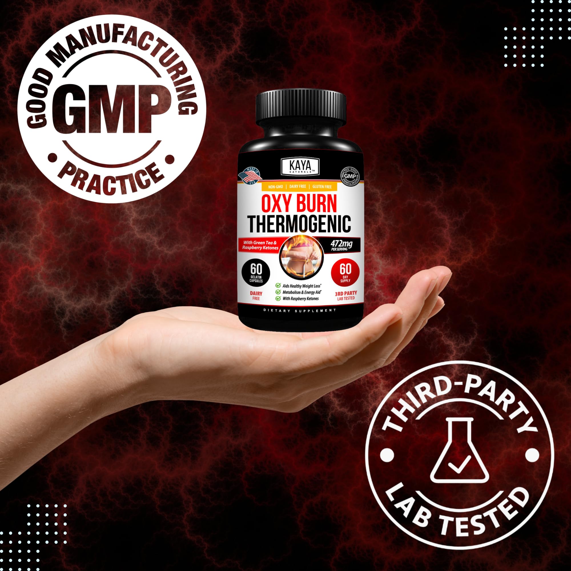 Kaya Naturals Oxy Burn cápsulas en palma para energía durante el día