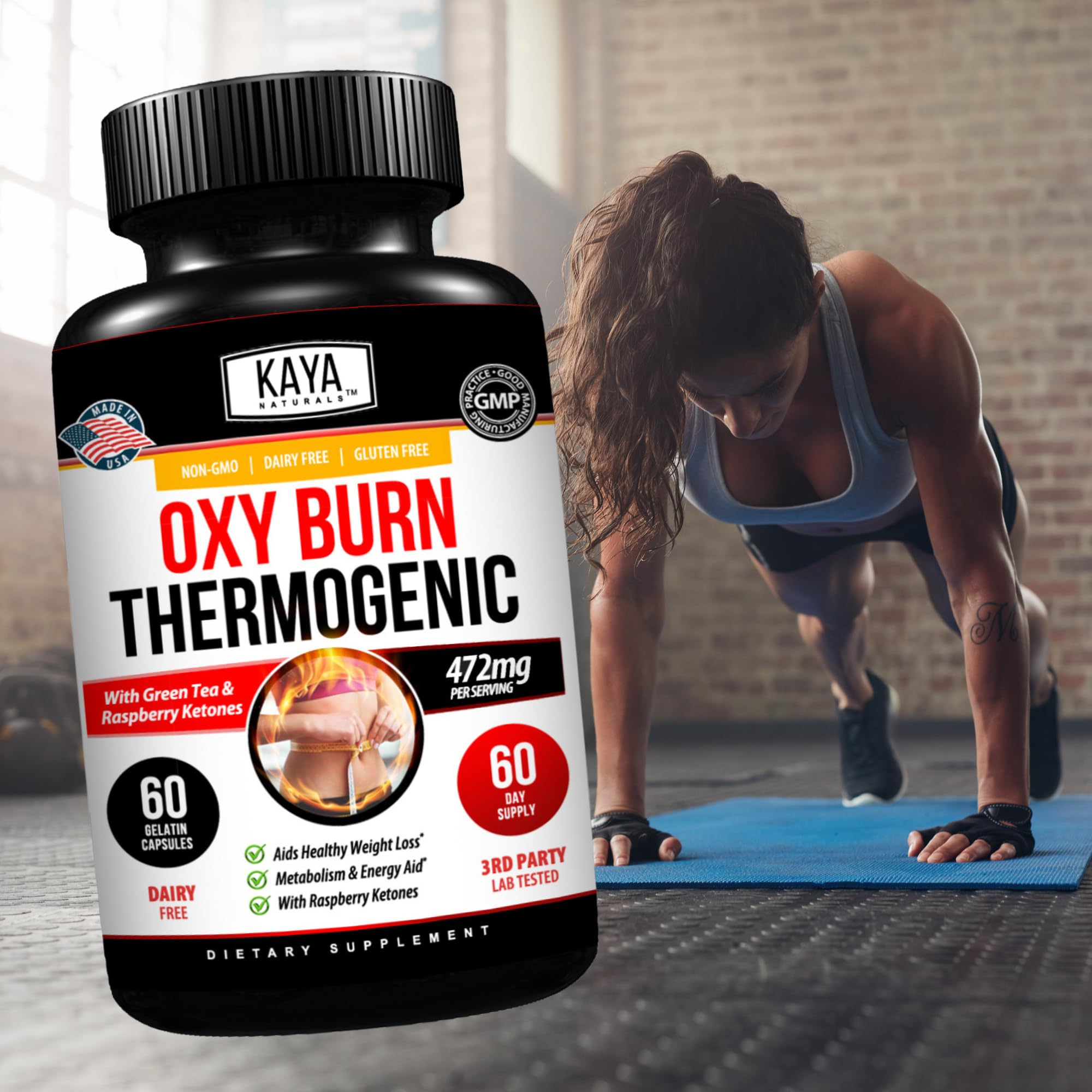Kaya Naturals Oxy Burn etiqueta con sello de calidad y seguridad