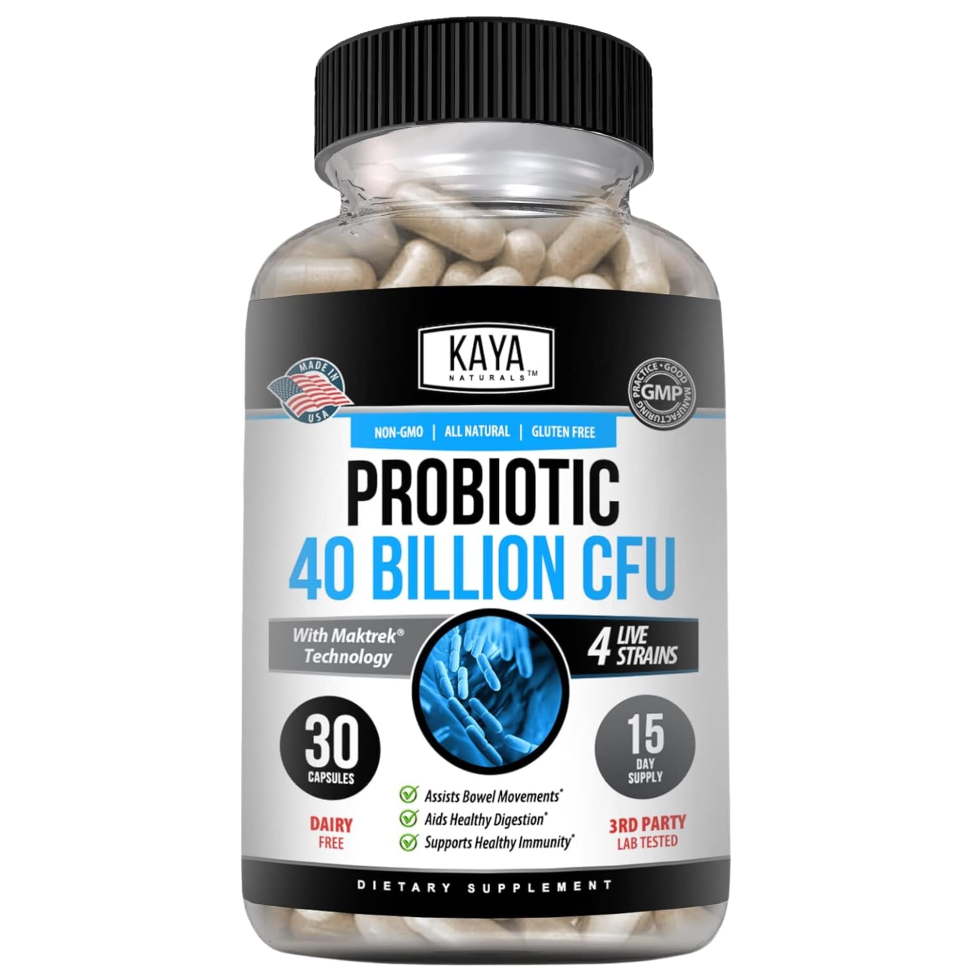 Kaya Naturals Probiotic 40B CFU en botella, apoyo digestivo diario para mujeres y hombres