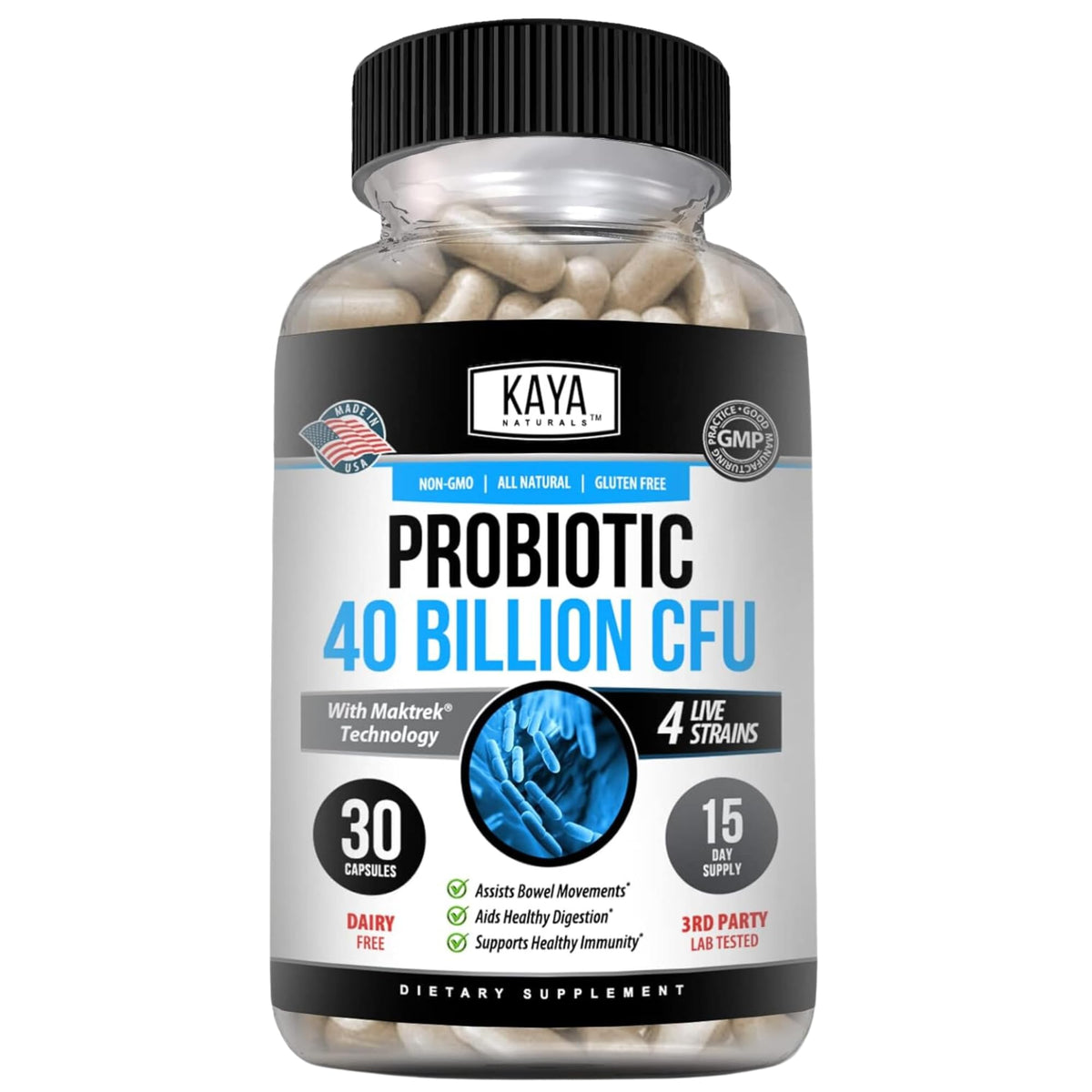 Kaya Naturals Probiotic 40B CFU en botella, apoyo digestivo diario para mujeres y hombres