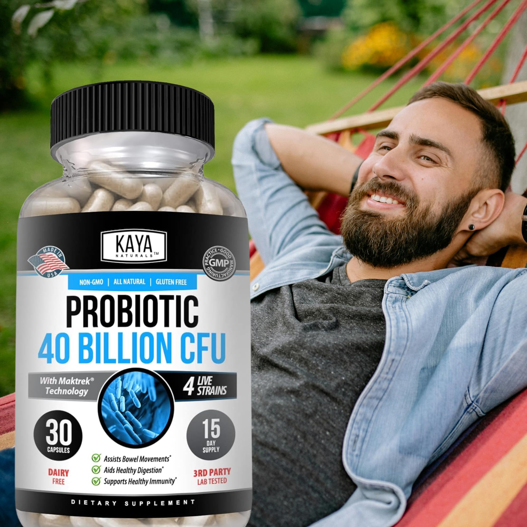 Kaya Naturals Probiotic 40B CFU empaque sanitario, diseño práctico para uso seguro
