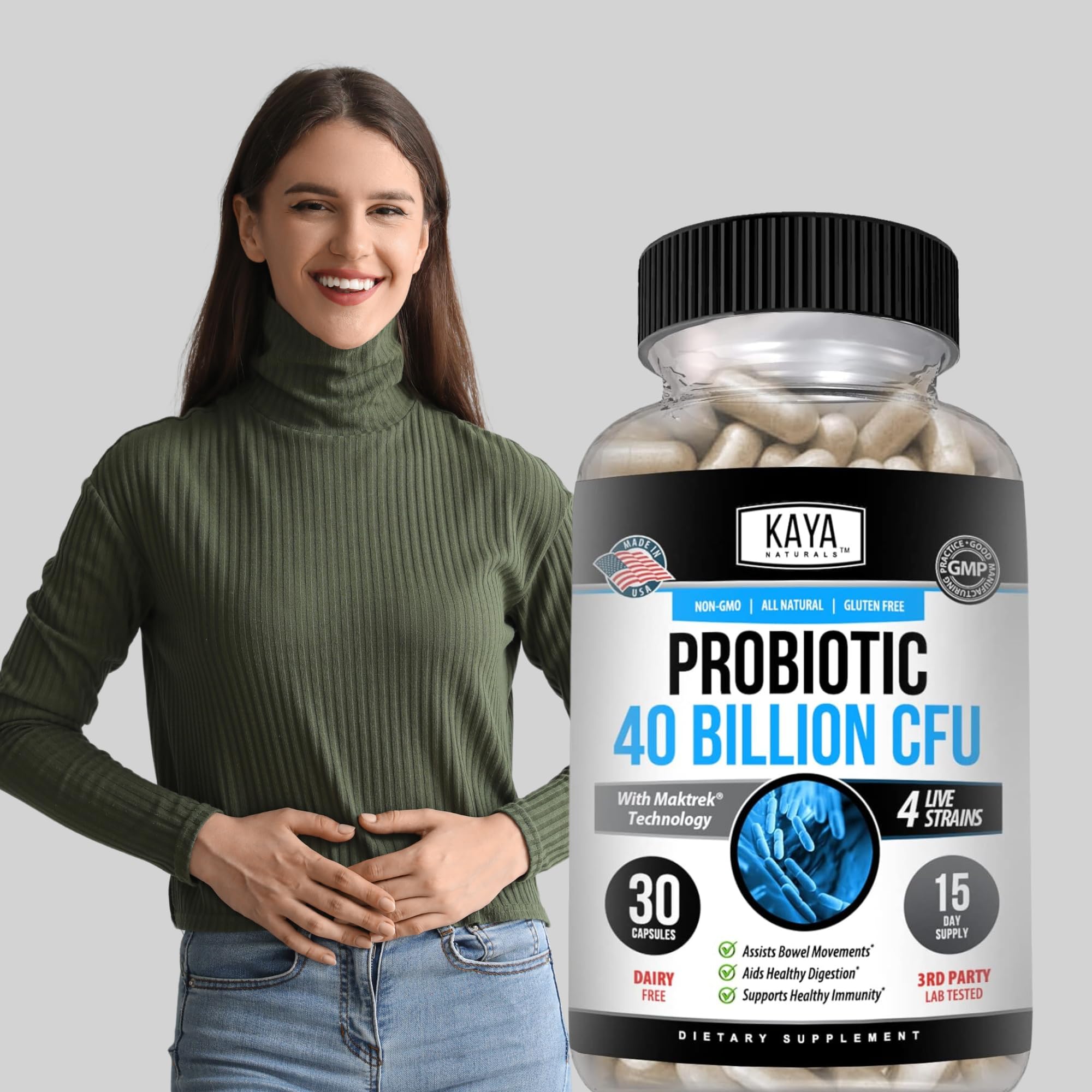 Kaya Naturals Probiotic 40B CFU etiqueta destacada, ayuda a recordar la dosis diaria