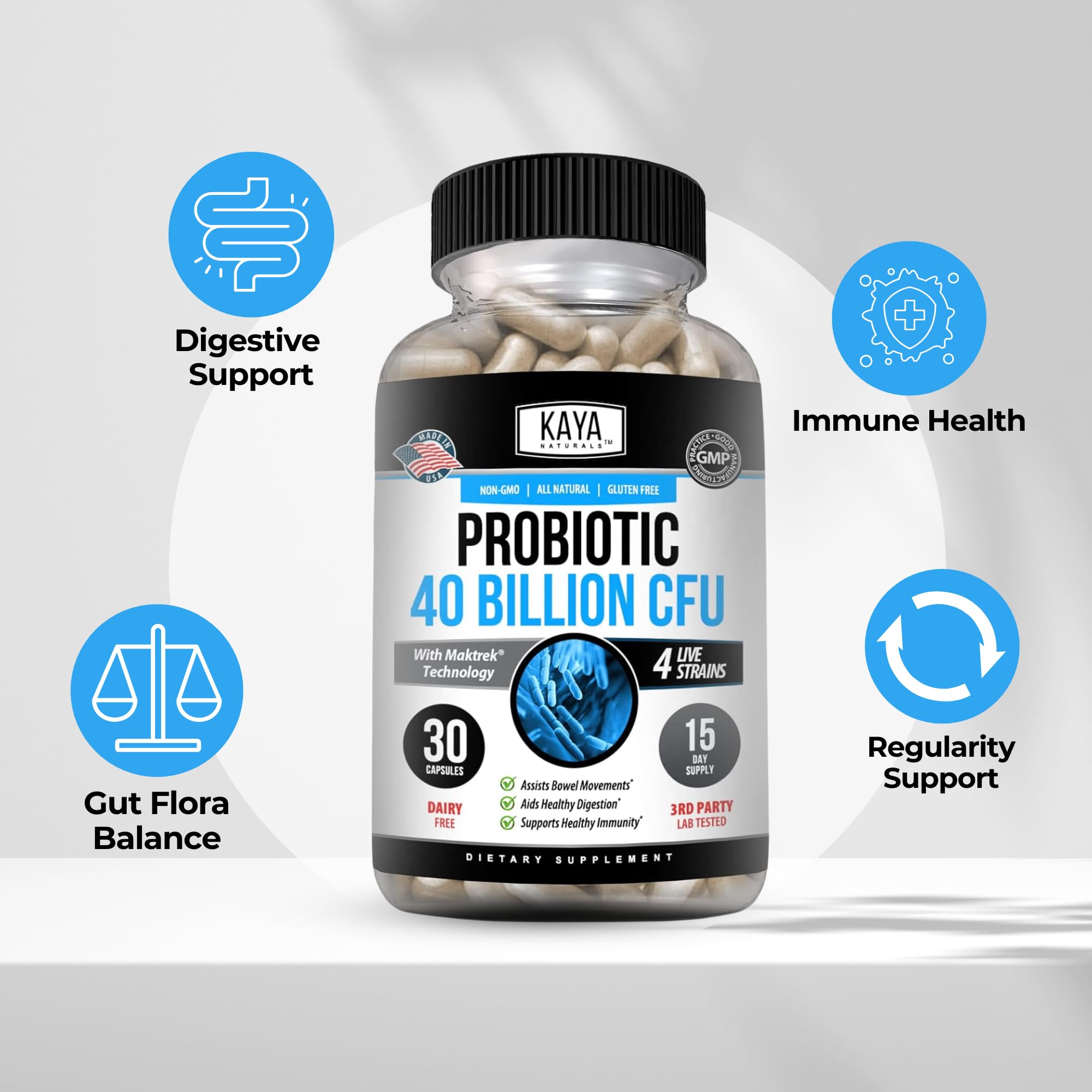 Kaya Naturals Probiotic 40B CFU frasco de vidrio, empaque seguro y libre de aditivos