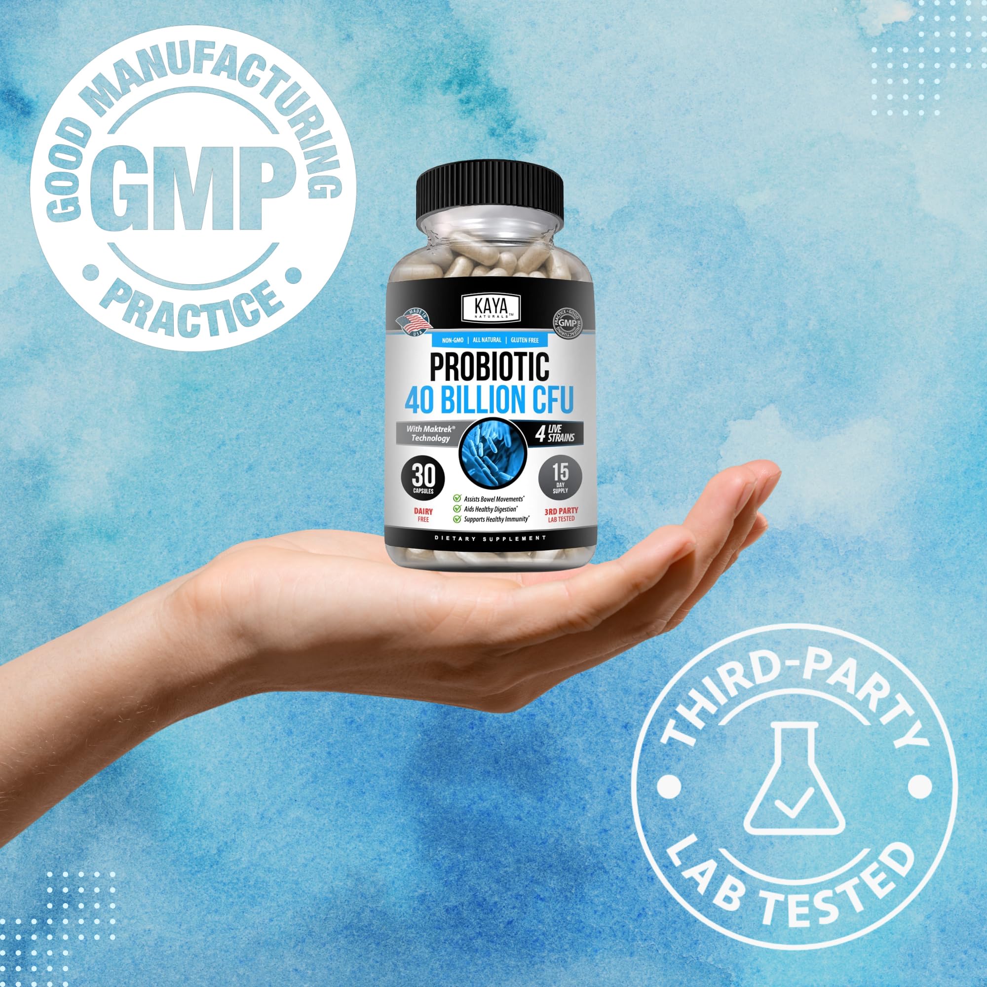 Kaya Naturals Probiotic 40B CFU manos sosteniendo cápsulas, facilita incluirlo en la rutina diaria