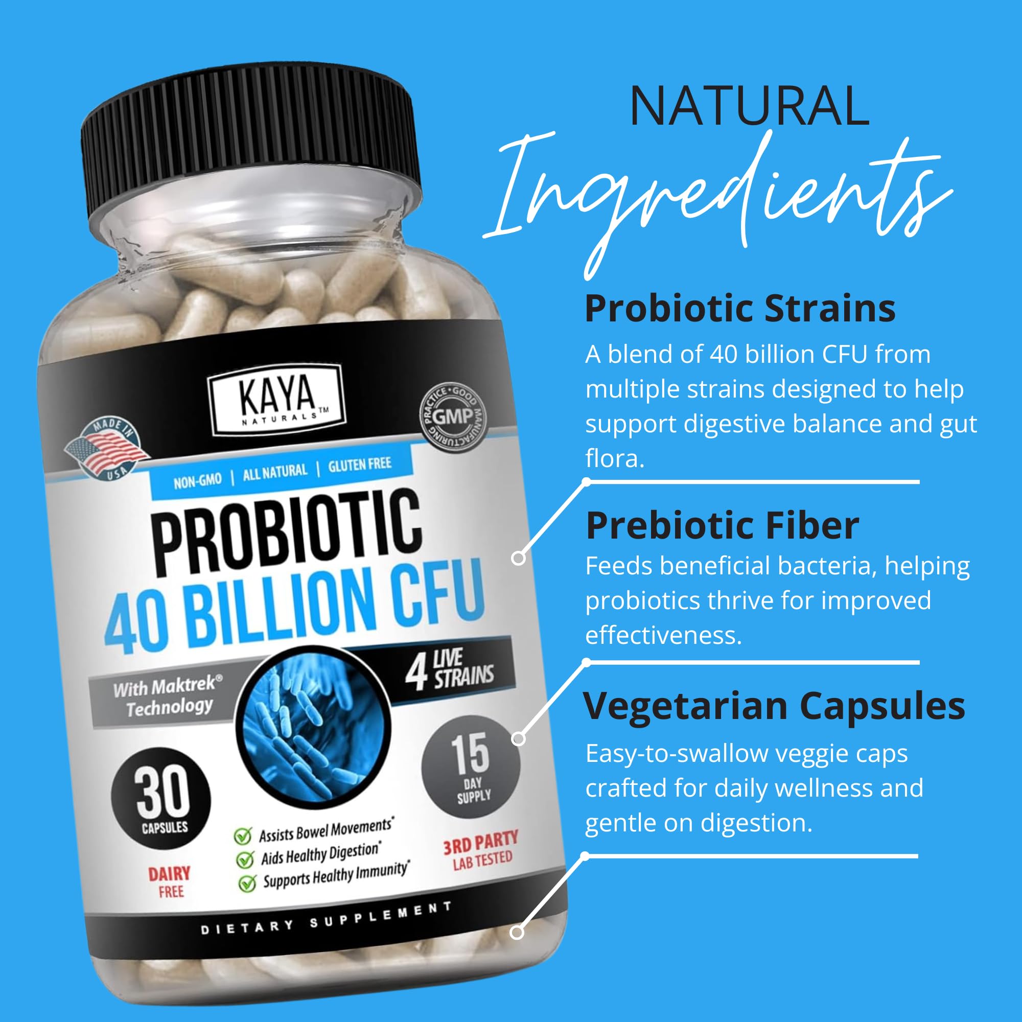 Kaya Naturals Probiotic 40B CFU primer plano de cápsula, muestra la potencia probiótica