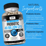 Kaya Naturals Probiotic 40B CFU primer plano de cápsula, muestra la potencia probiótica