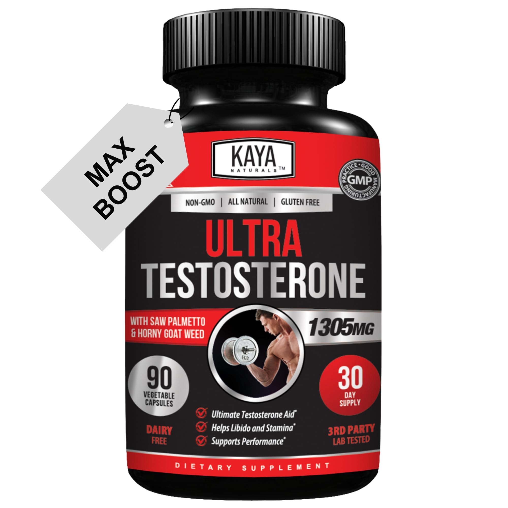 Kaya Naturals Ultra Testosterona, botella, energía constante para entrenamientos y días activos.