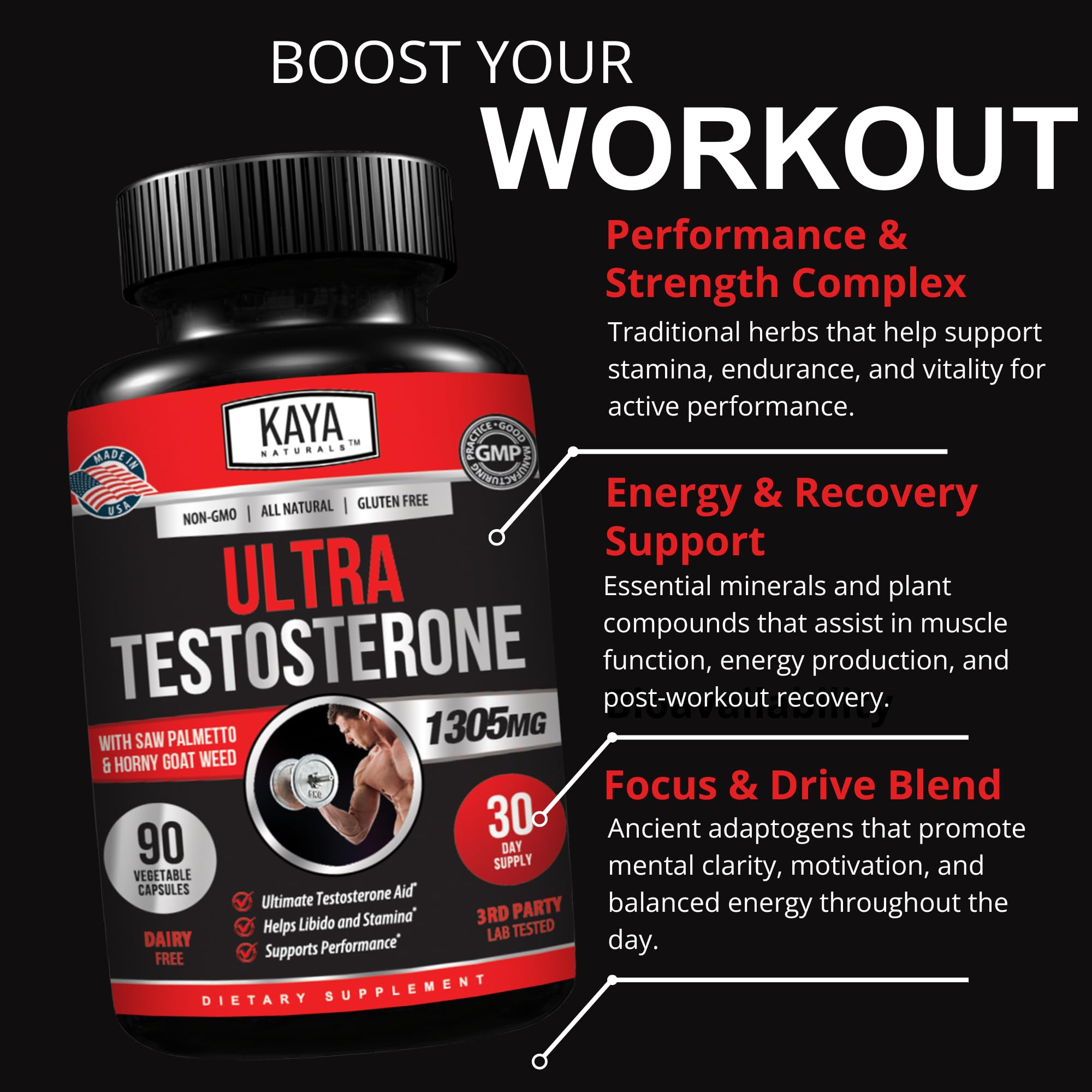 Kaya Naturals Ultra Testosterona, imagen de entrenamiento intenso, ideal para rutinas.