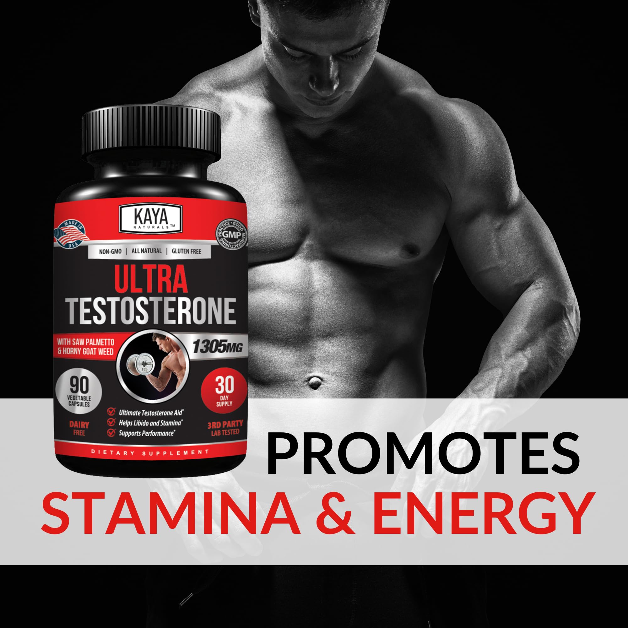 Kaya Naturals Ultra Testosterona, etiqueta frontal, rendimiento potencial durante ejercicios.