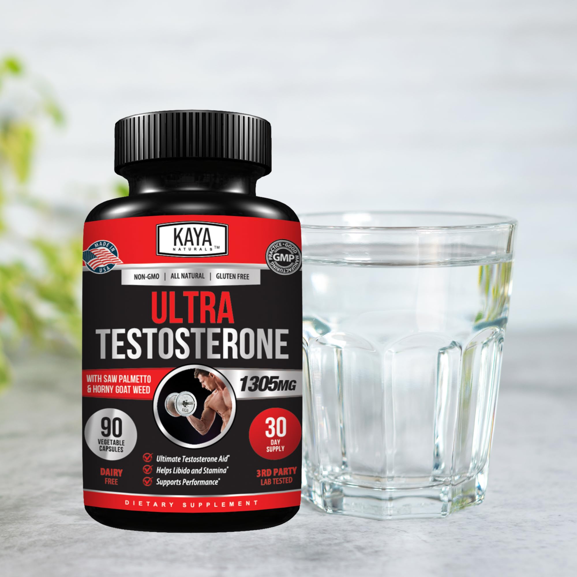 Kaya Naturals Ultra Testosterona, etiqueta y composición, enfoque en energía natural.
