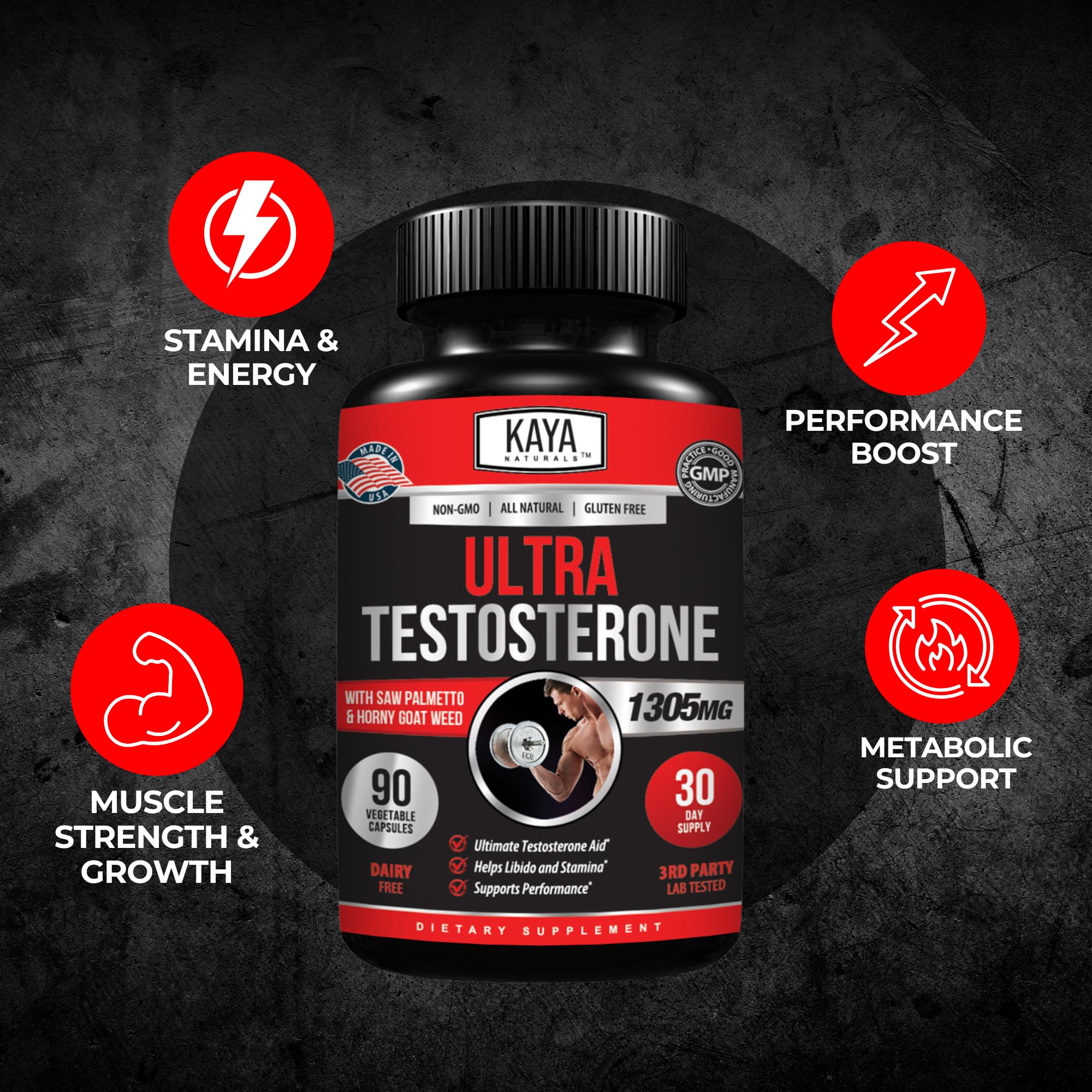 Kaya Naturals Ultra Testosterona, toma diaria, apoyo a la vitalidad en el gimnasio.
