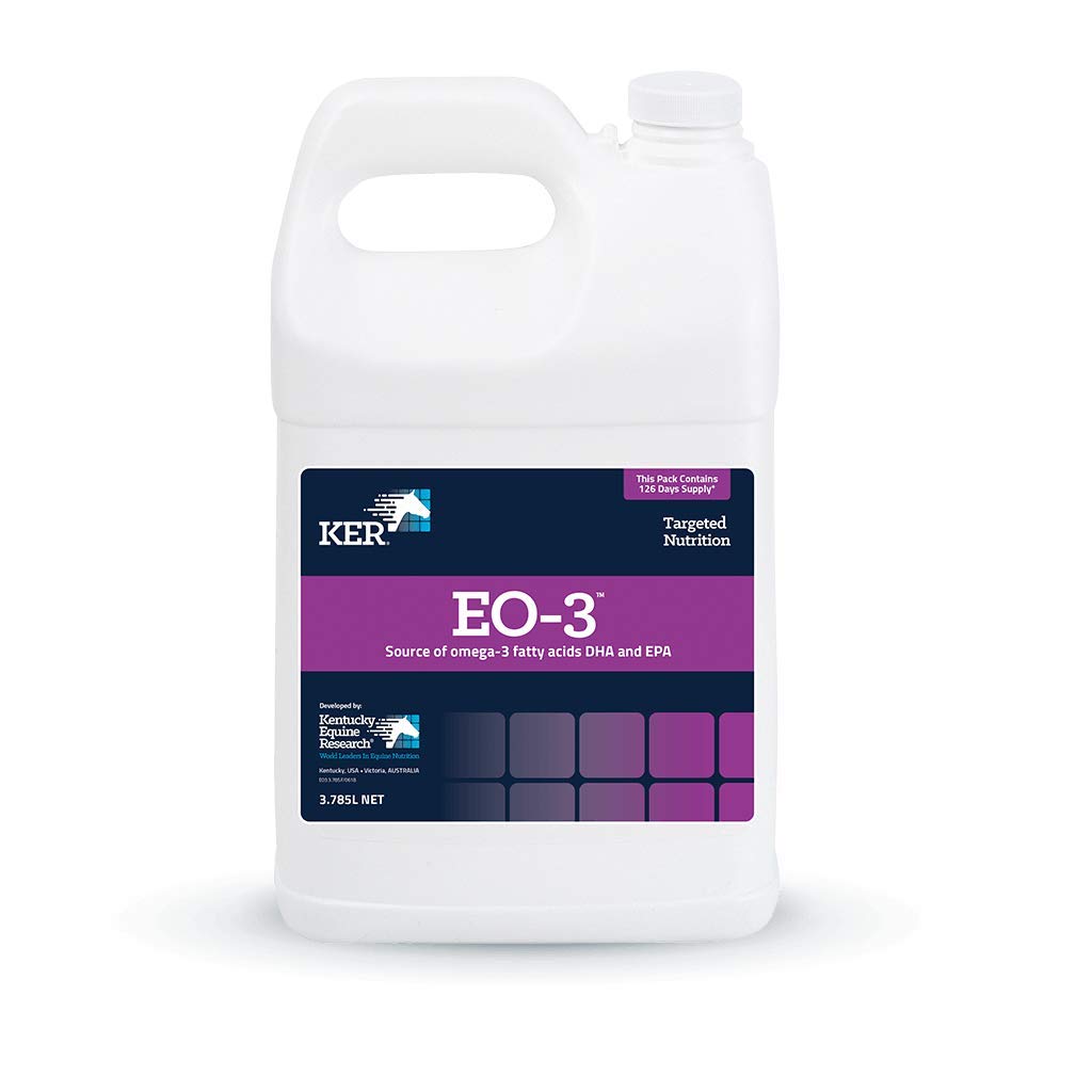 EO-3 de Kentucky Equine Research, botella de omega-3 para caballos, apoyo metabólico posible