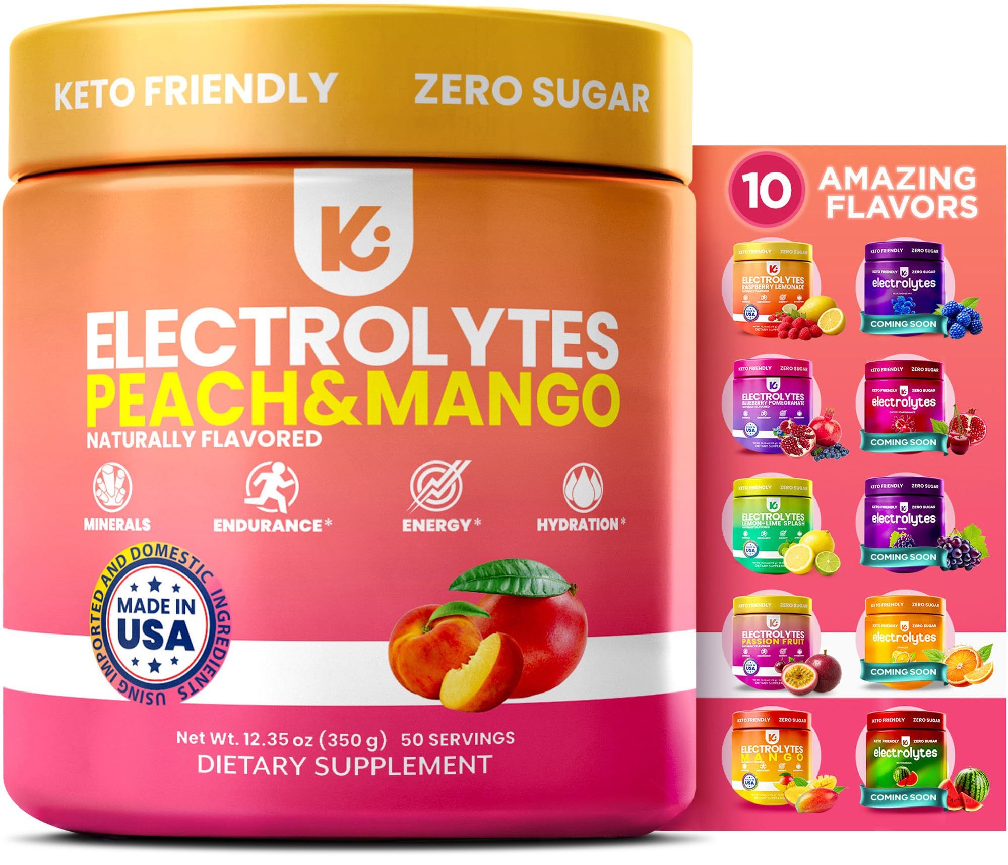 Keppi electrolitos polvo durazno-mango para hidratación suave sin azúcar.