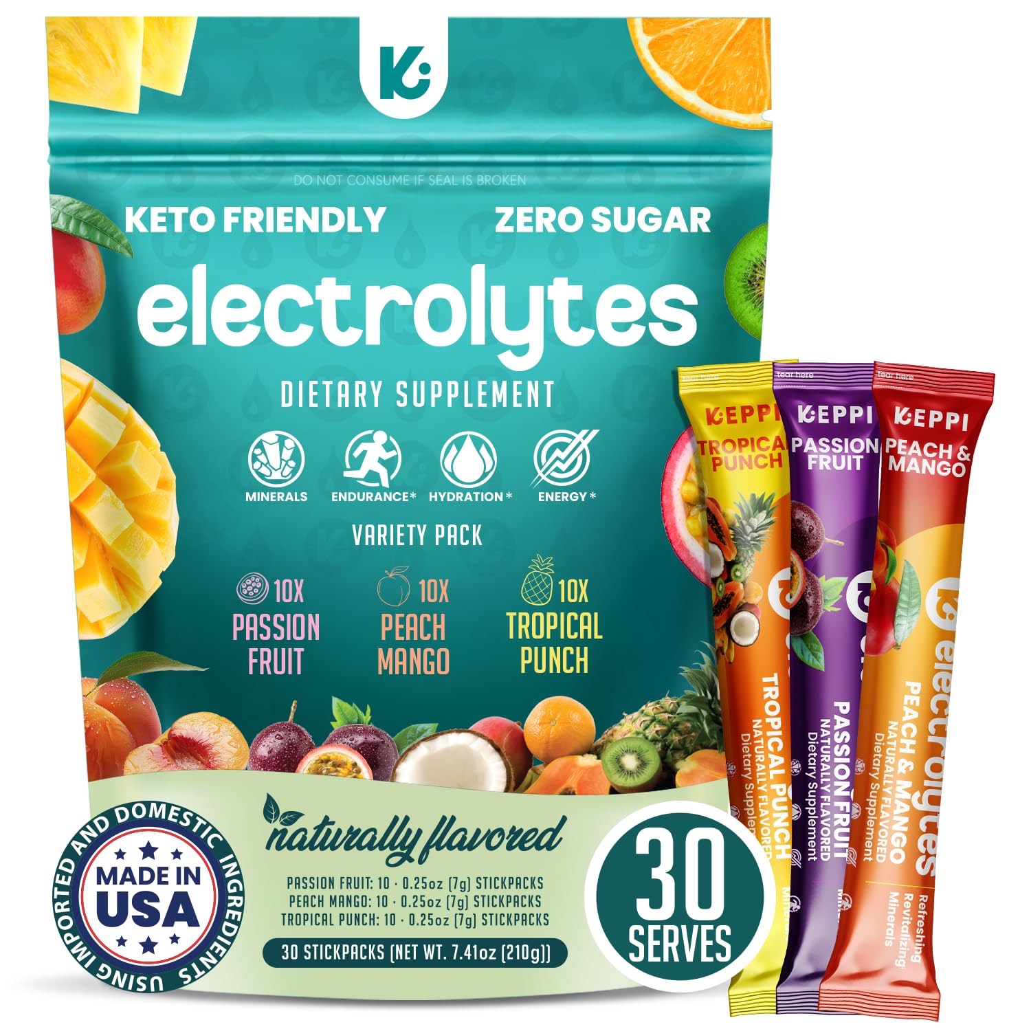 Keppi electrolitos en polvo, sabor tropical, ideal para hidratación diaria sin azúcar.
