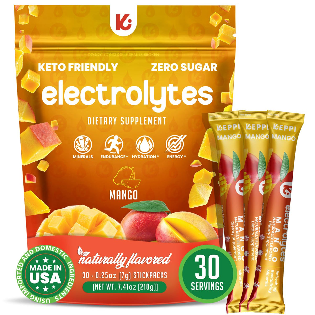 Keppi electrolitos en sobre mango, hidratación diaria sin azúcar
