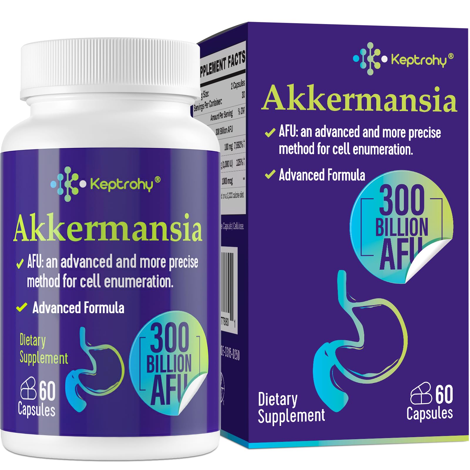 Keptrohy Akkermansia: botella con cápsulas y 300 AFU para salud intestinal diaria