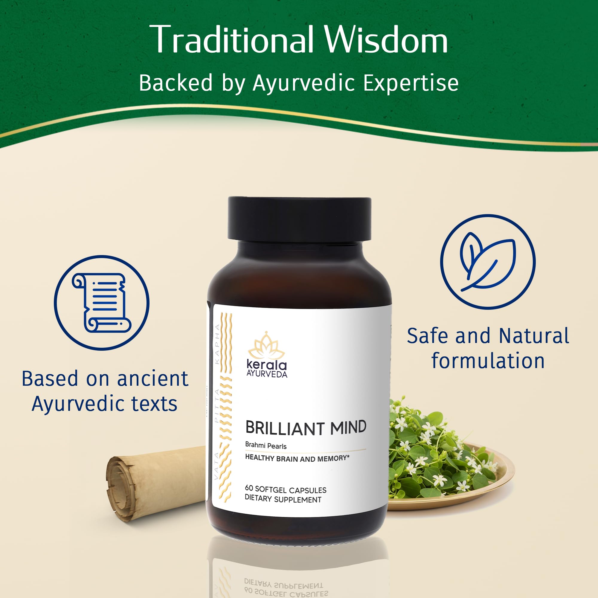 Kerala Ayurveda Brahmi Pearls: calidad y seguridad verificadas para tranquilidad.