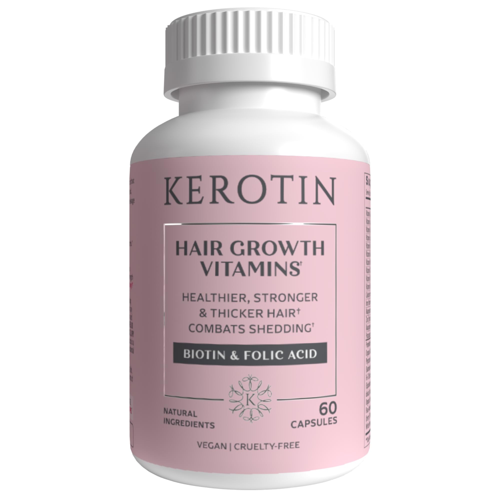 Kerotin, botella de vitaminas para crecimiento del cabello, apoyo nutricional diario.