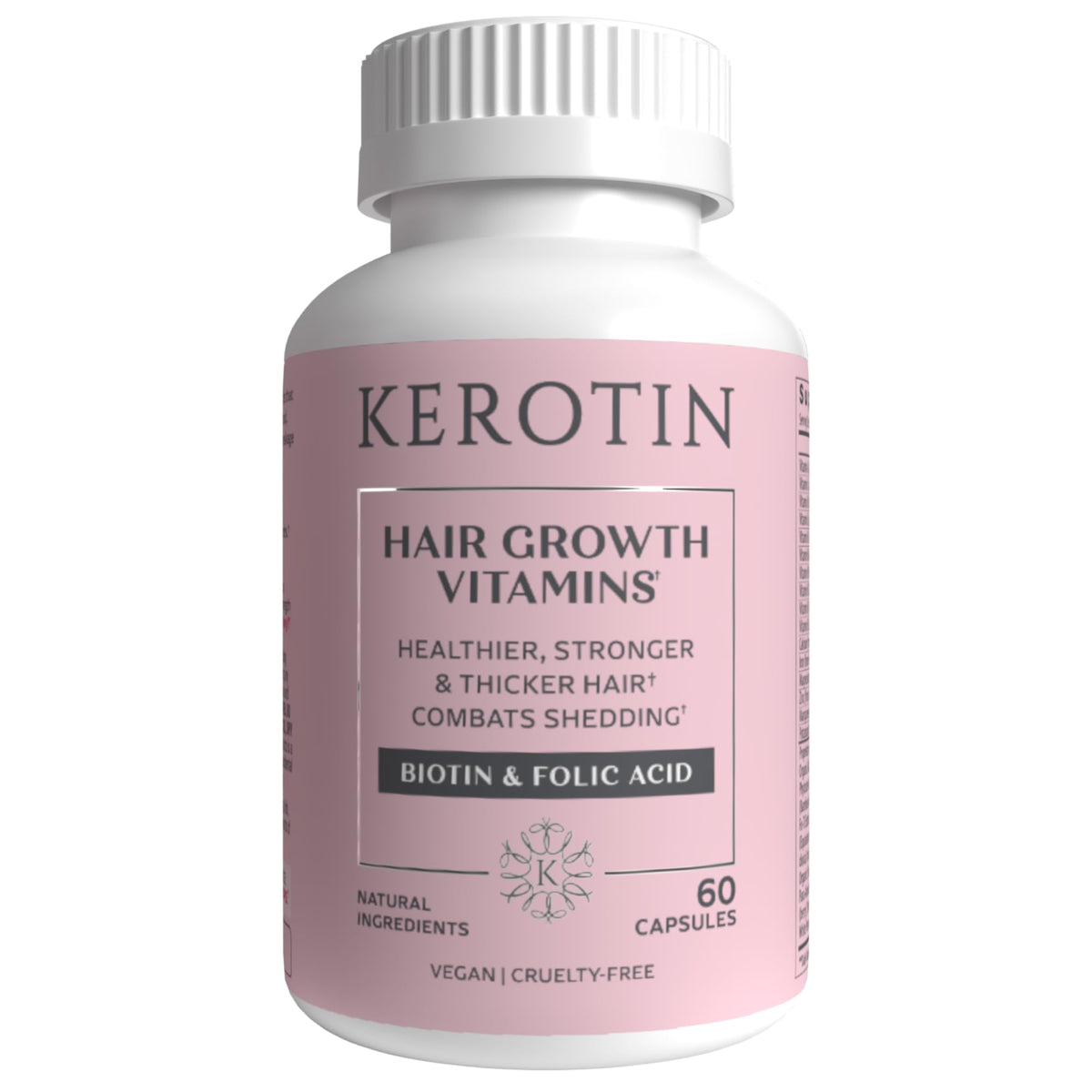 Kerotin, botella de vitaminas para crecimiento del cabello, apoyo nutricional diario.