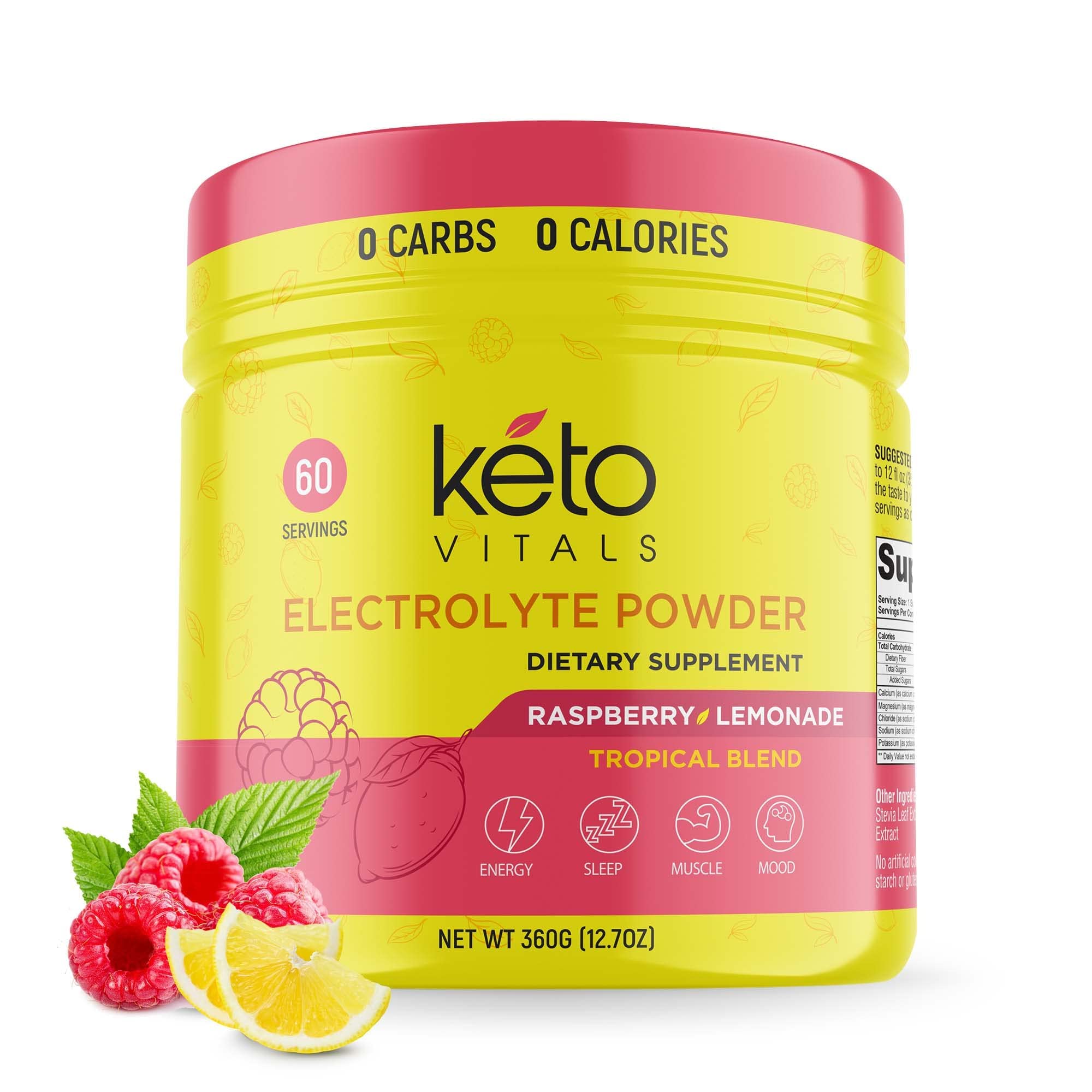 Keto Vitals electrólitos en polvo sabor frambuesa-limonada para rehidratación sin azúcar.