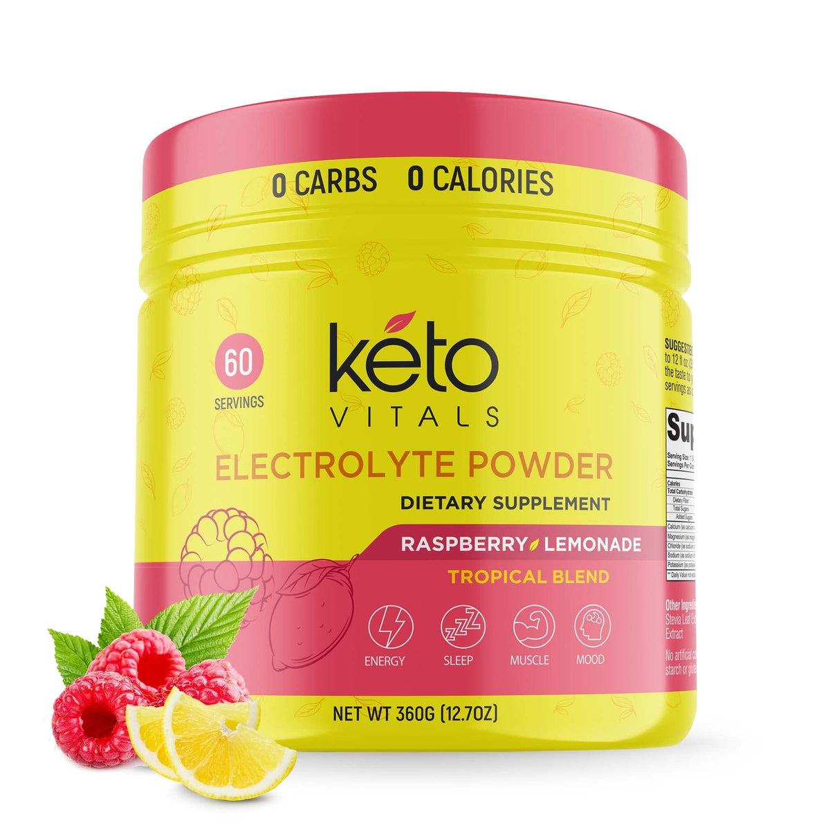 Keto Vitals electrólitos en polvo sabor frambuesa-limonada para rehidratación sin azúcar.