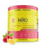 Keto Vitals electrólitos en polvo sabor frambuesa-limonada para rehidratación sin azúcar.