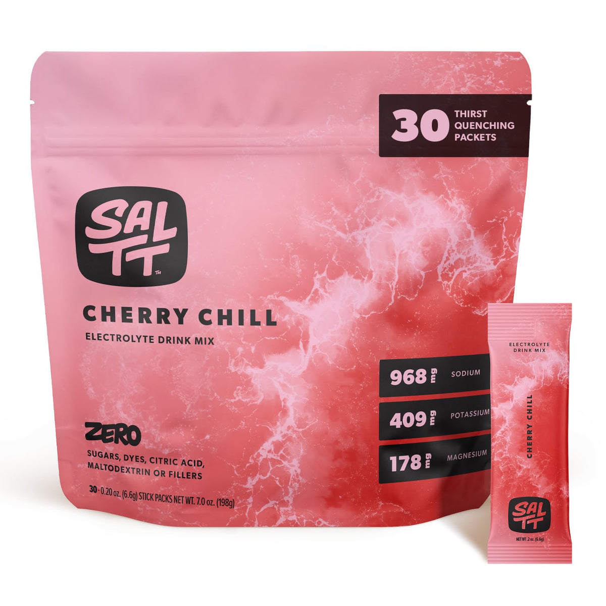 Saltt de Keto Chow, empaque sabor cereza fría para llevar y hidratarse.