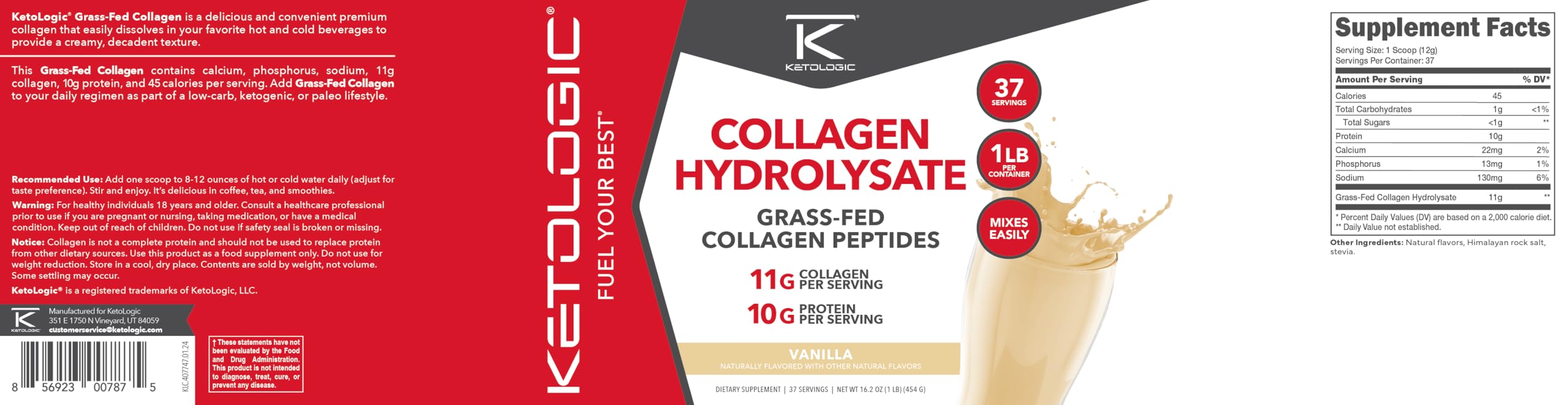 Ketologic Colágeno Vanilla para uso diario y bienestar general.