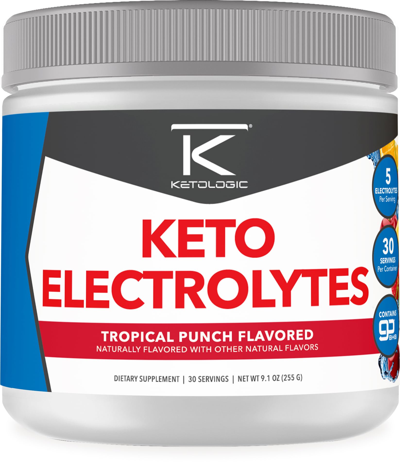 Ketologic polvo de electrolitos Keto Tropical, bote de 30 porciones para hidratación diaria.