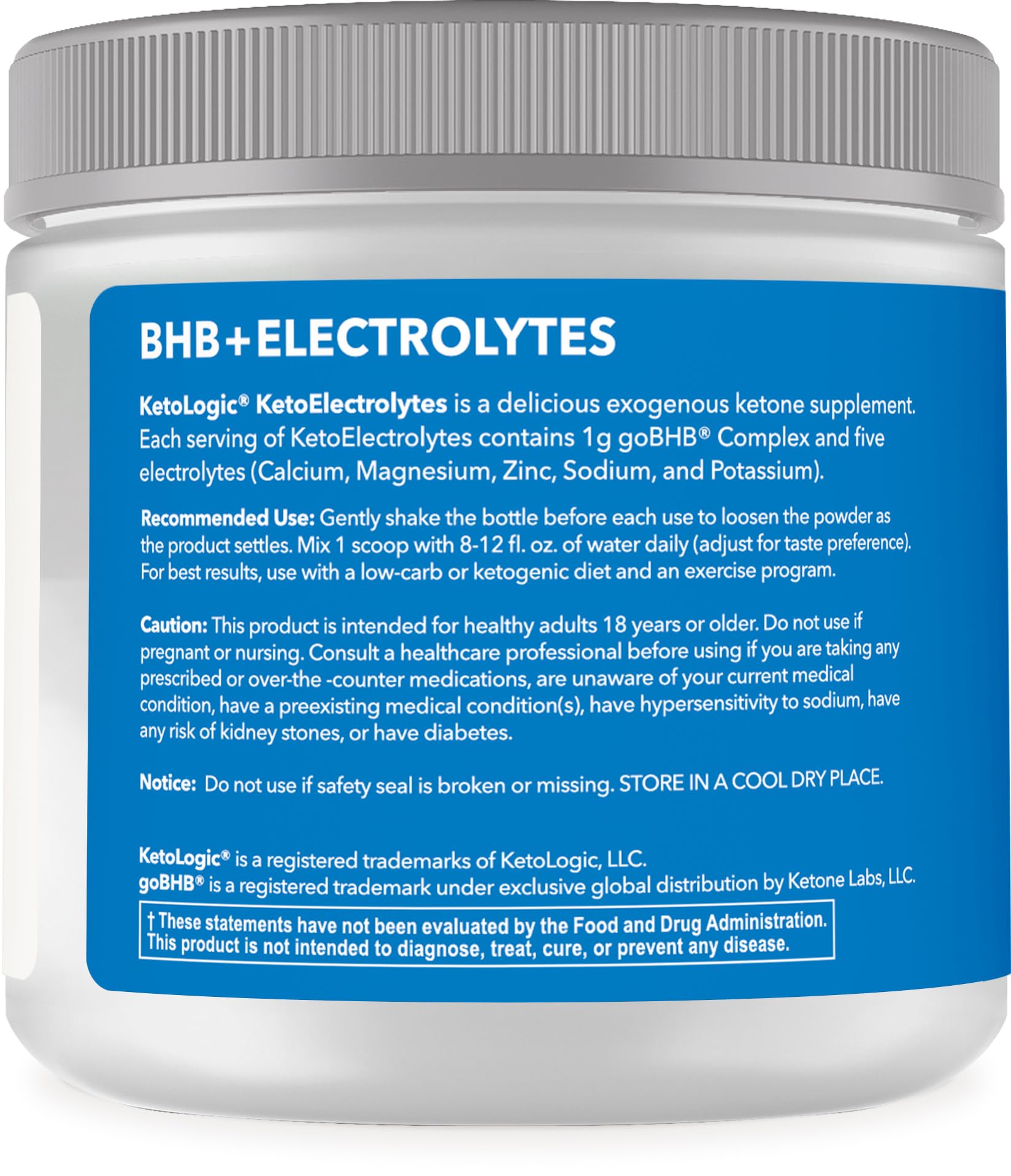 Ketologic polvo de electrolitos Keto Tropical, etiqueta frontal destacando sabor tropical y cero azúcares.
