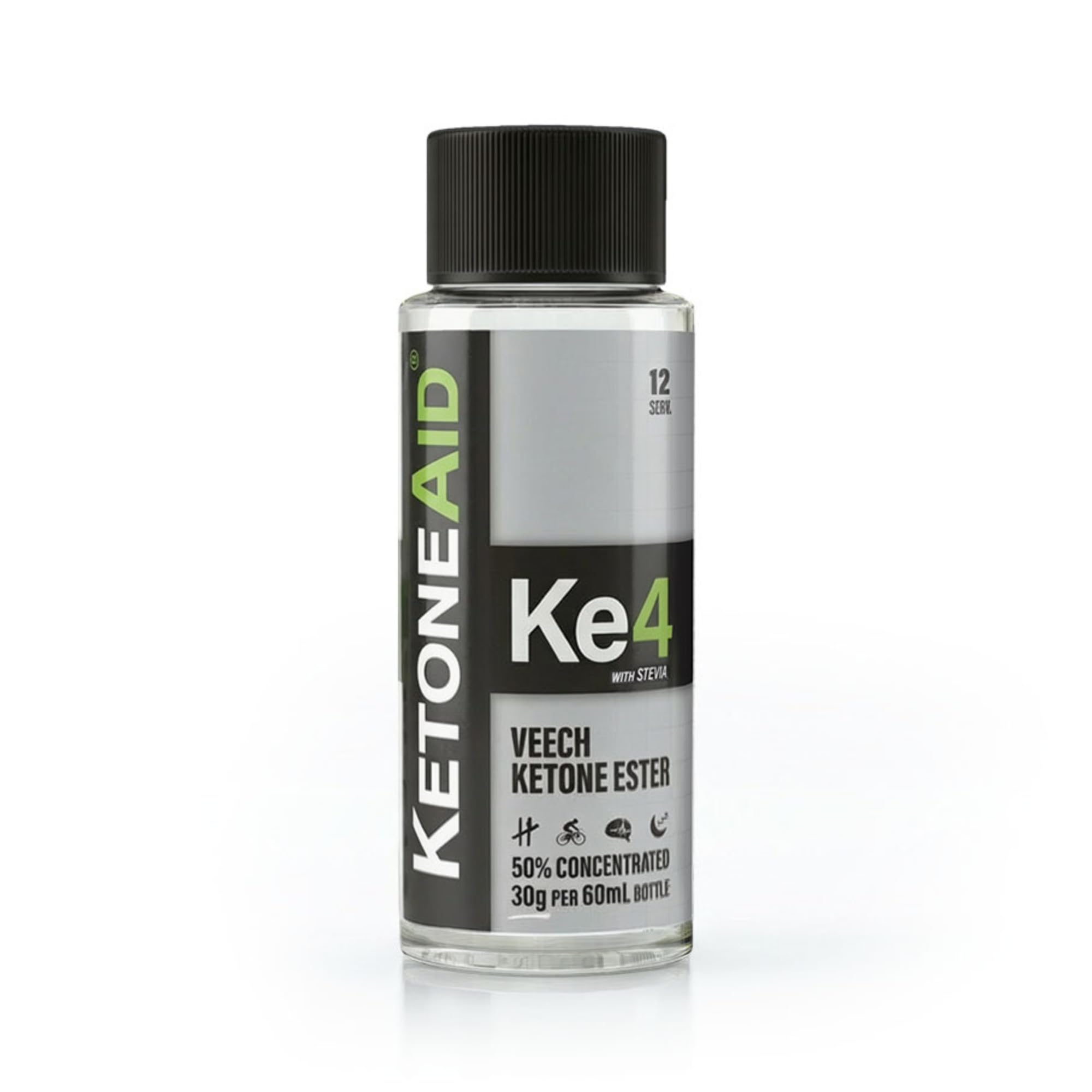 KetoneAid Ke4 Ester Concentrate, botella frontal, energía estable para entrenamientos.