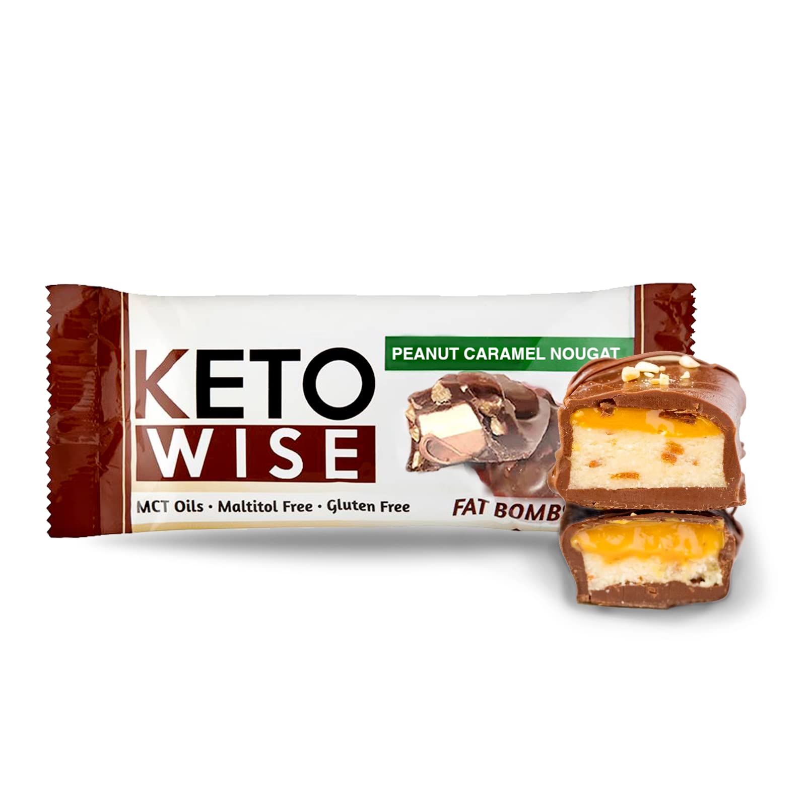 Keto Wise bombas-grasas maní con caramelo crujiente, snack dulce para controlar antojos.