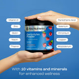 Frasco KEY NUTRIENTS con polvo de sabor arándano azul.