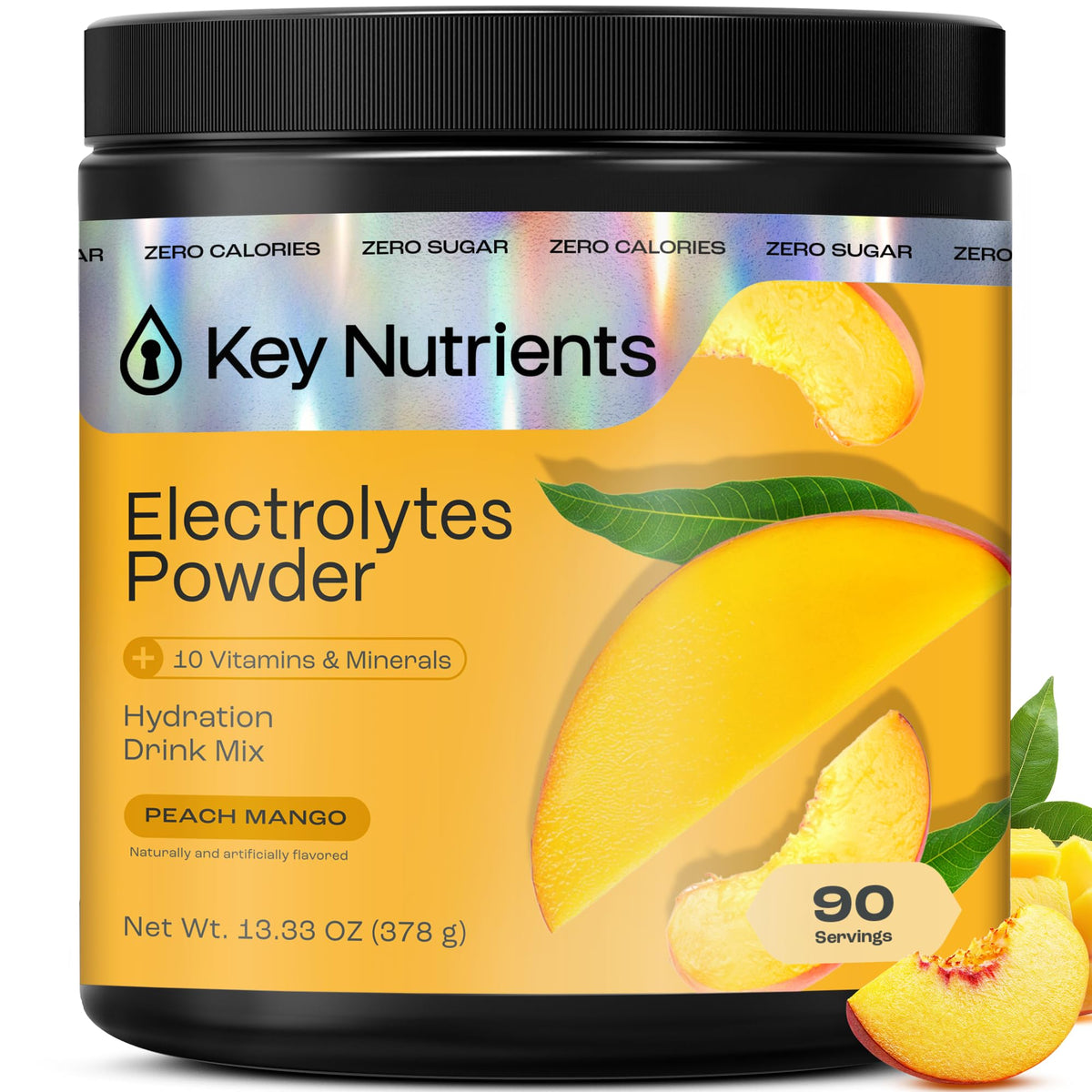 KEY NUTRIENTS polvos electrolitos sin azúcar, sabor durazno-mango, para hidratar durante entrenamientos.