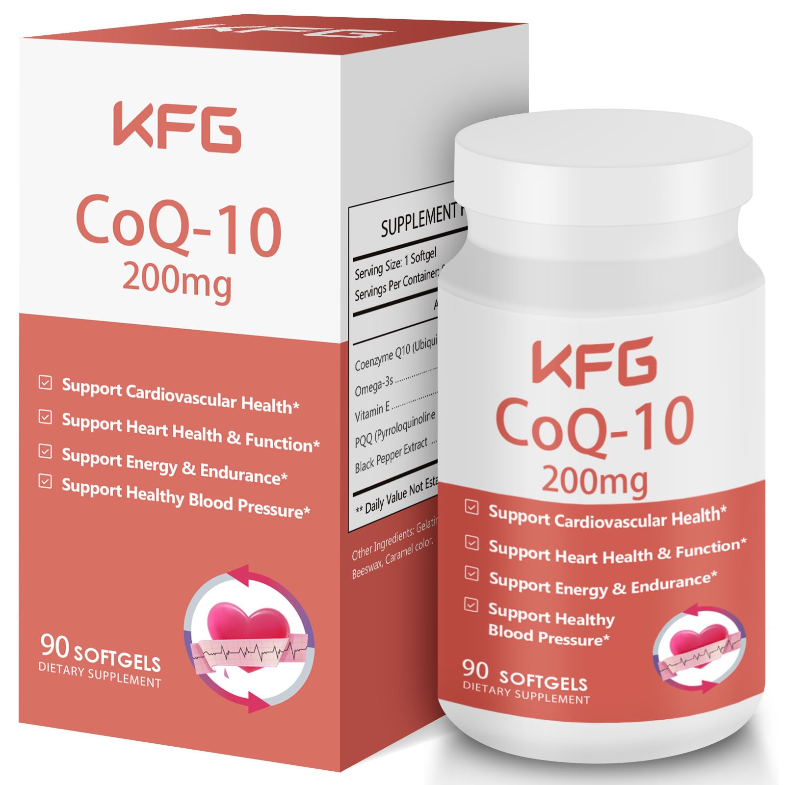 KFG CoQ10 200 mg en botella de cápsulas para salud cardiovascular y energía diaria.