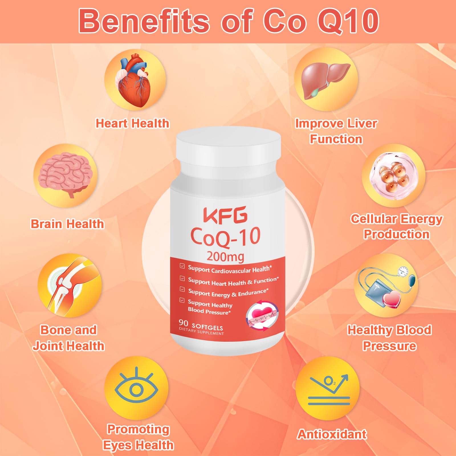 KFG CoQ10 200 mg cápsulas, visualización del envase, fácil de incorporar en la rutina diaria.