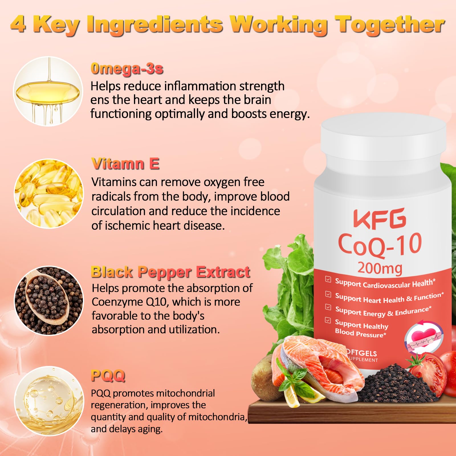 KFG CoQ10 200 mg etiqueta frontal destaca ingredientes clave para la energía y protección celular.