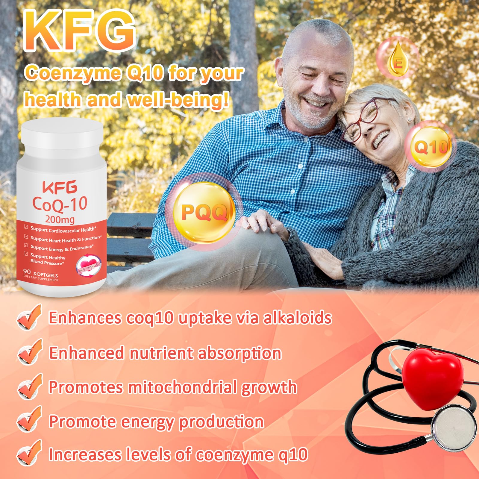 KFG CoQ10 200 mg, ingredientes clave, como Omega-3 y vitamina E, promoviendo soporte general.