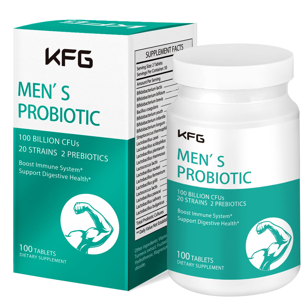 KFG Probiotico en botella frontal para apoyo digestivo diario.