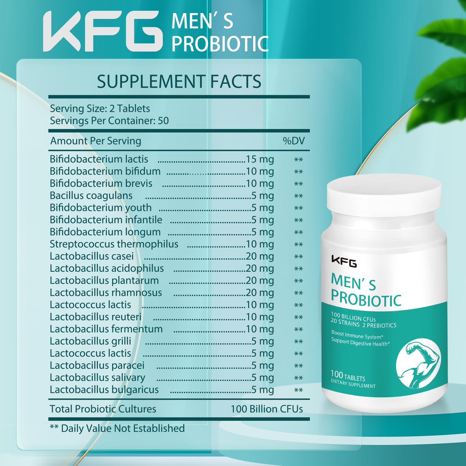 Cápsulas de KFG Probiotico en frasco para uso diario.