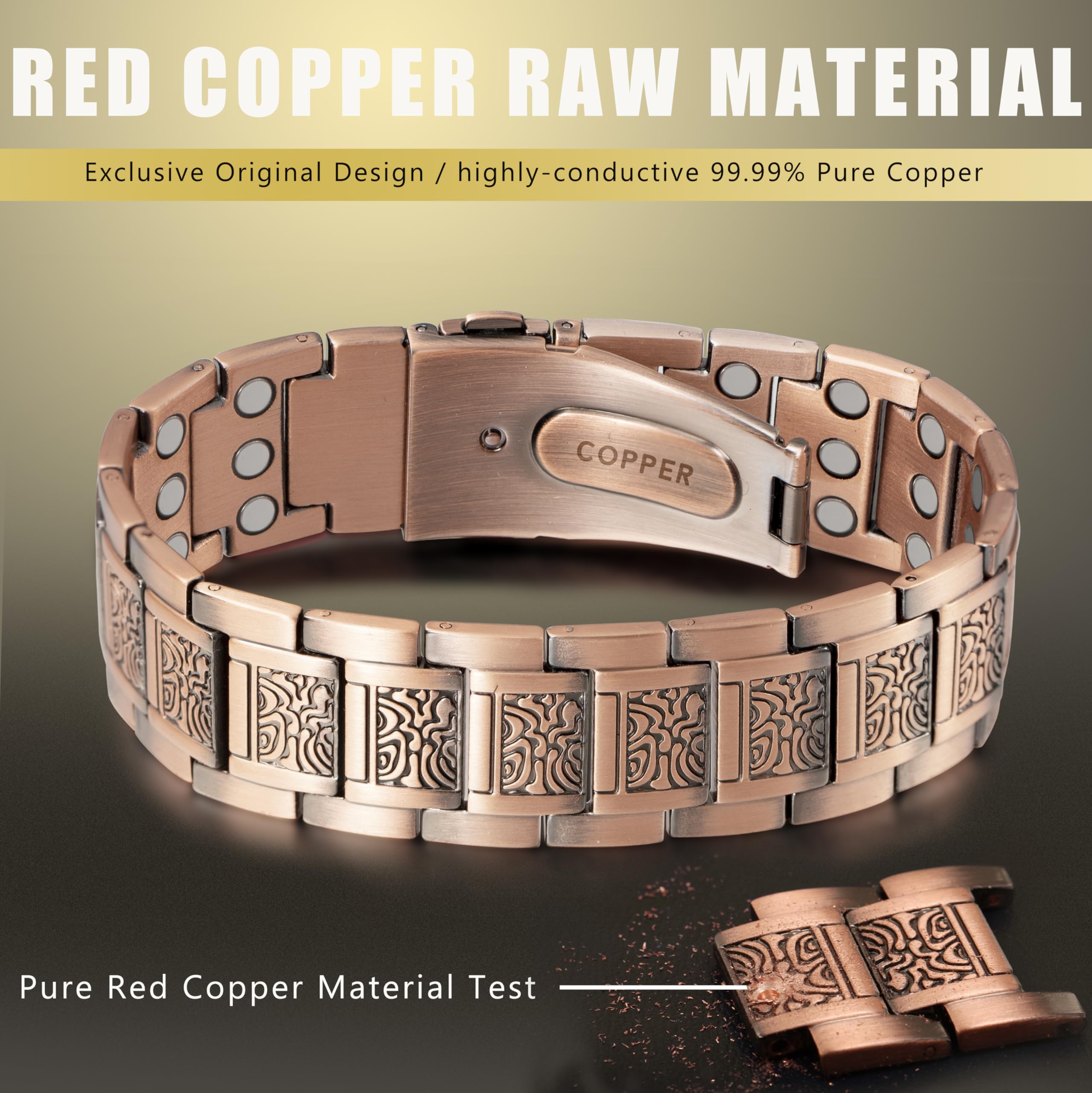 Brazalete KGP de cobre magnético vintage detalle clasp, cierre seguro y fácil de usar.